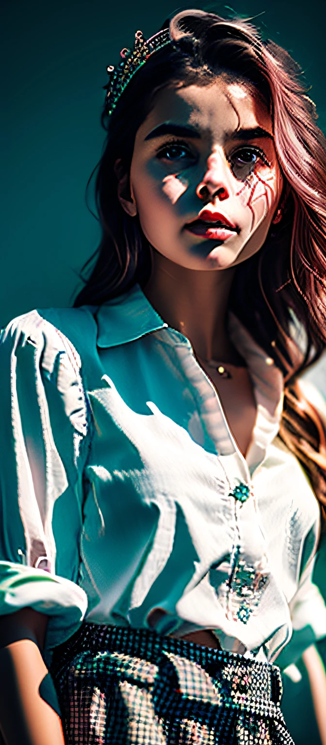 1girl, (masterpiece:1.1), (best quality:1.1), (white blouse:1.1), (checkered skirt:1.1), school uniform, high-waist skirt, BREAK [blue:pink:0.5] theme, (gradient background:1.1), cowboy shot, BREAK silver hair, long hair, , green eyes, intricate detailed tiara, looking to the side,