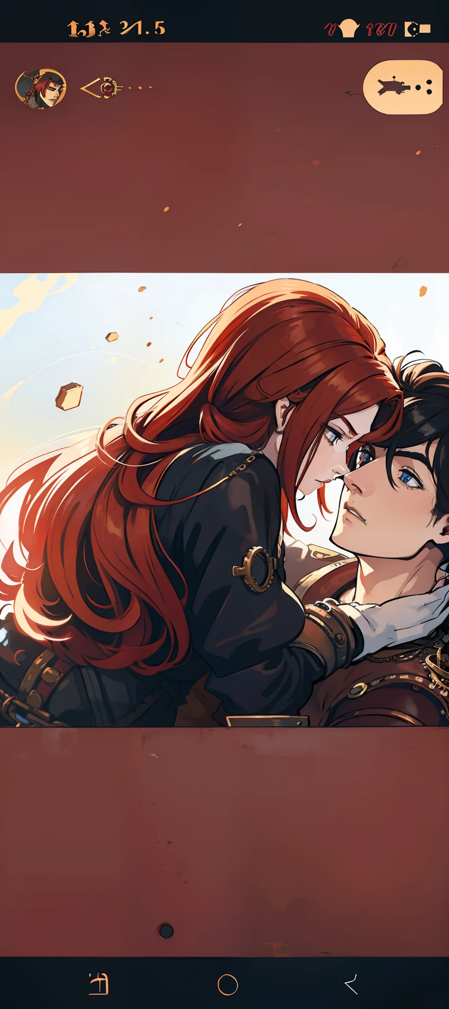 1Red-haired woman hugging her husband, Ele tem cabelo preto afiado e olhos azuis, uma arte para um RPG ((melhor qualidade)) ((olhos bonitos)) ((Steampunk)) ((rosto detalhado))