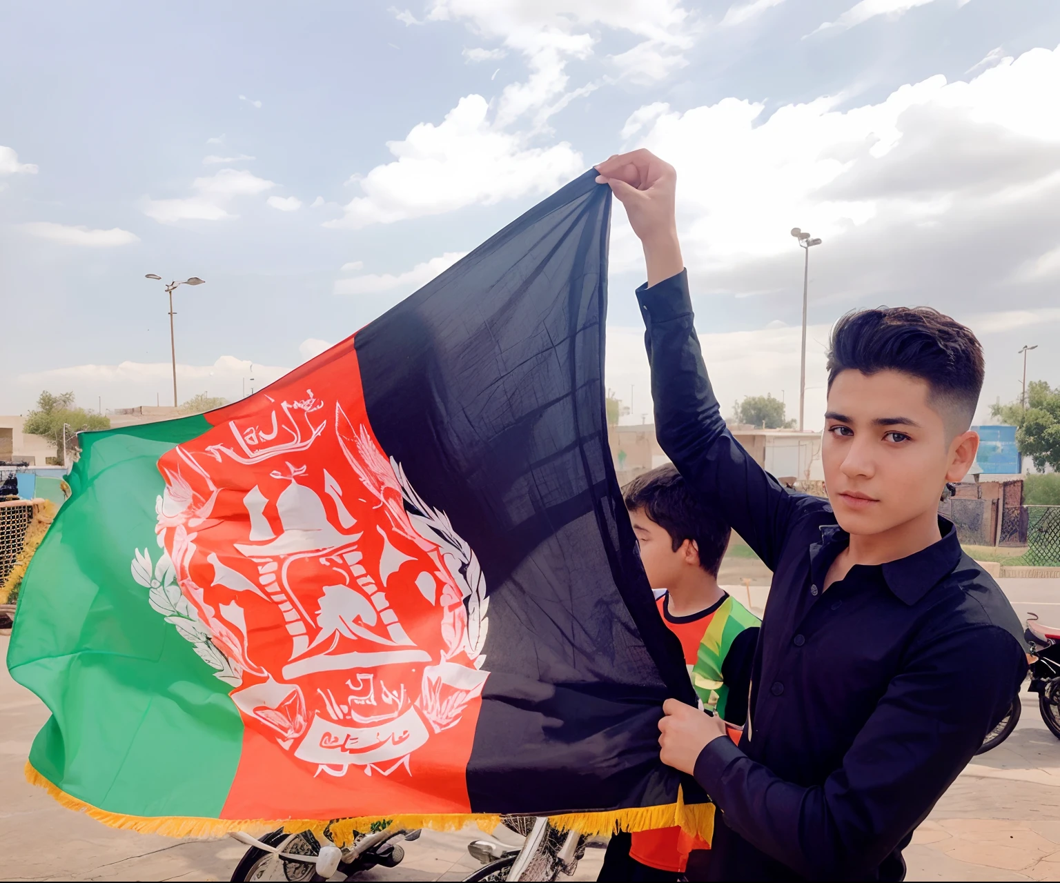 A boy, a boy with Afghanistan flag, a boy wear a black shirt, Afghanistan flag, Afghanistan, flag, a handsome boy, cool hair style, blue sky, realistic look, 8k quality, Hd, skin color matching with real photo, cool background,