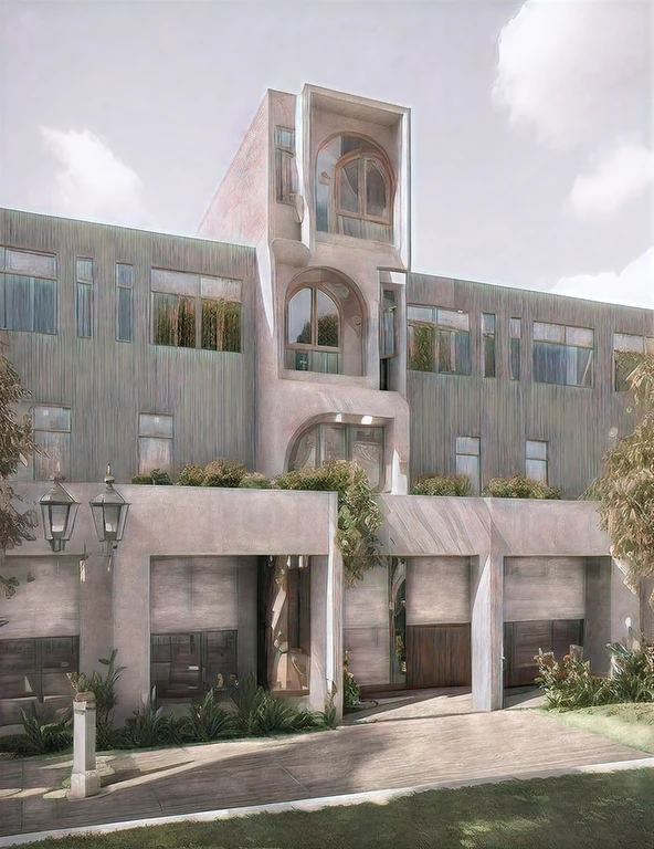 TOWNHOUSE, no balcony, MODERN STYLE, VRAY RENDER, SURROUNDED WITH GREEN TREES, WARM TONES, CLOUDY SKY, MORNING