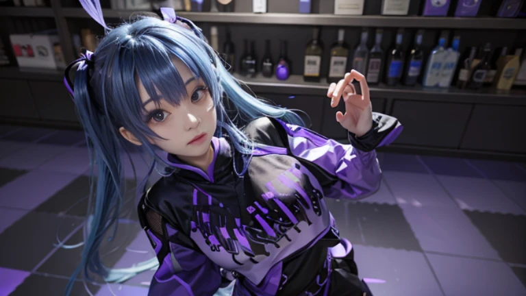 Half-twin tails with blue hair、Purple Mesh、Black-purple clothes、Background bar