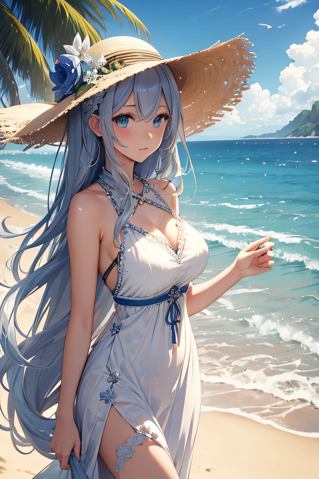 masterpiece、Massive landscape((Mysterious Sea、sand beach))、a beauty girl、huge tit、Silver-haired shorthair、Embroidery on a long dress、Straw hat with floral decoration