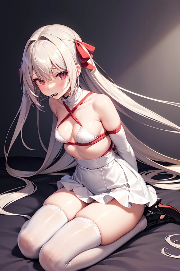 Long-haired anime girl sitting on bed,Wear red stockings, seductive anime girls, , anime barbie in white stockings, Surrealism female students, Surrealism female students, Smooth anime CG art, the anime girl is crouching, beautiful anime girl crouching, Fine details. Girl front,Tied by Pixiv3DCG, Popular on ArtStion Pixiv,Arms_Behind_back, Ball_gag, BDSM, Bondage, Bound, Bound_Ankles, Bound_Arms, Bound_Legs, Bound_wrists, box_tie, breast enhancement_Bondage, Crotch_Cord , Gaggage, Gaggage, Red_Cord, restraind, Cord, shibari, shibari_polypubic hair_clothes, Tape_gag, hammann, Cloth_gag, improvisation_gag, cleave_gag, Tied_Up_\(Nonsexual\), bit_gag, Suspension, bangs, frogs, parted_bangs, Tape, femdom, Red_Eyes, Breasts,saliva、ribbon_Bondage、nase_Blush、(White_legwear:1.4)、a skirt、锁链、Looking、Blushlush、1girll、Long_Sleeves、ring_gag、spreader_Bar、skin indentation、Looking_To_The_Side、mitts、Bare_bshoulders、full_Body、drools,Binding constraint information
