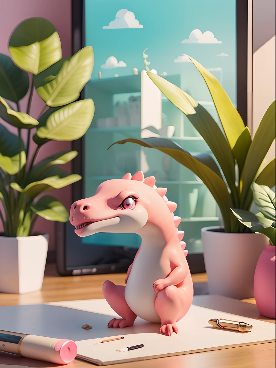 Best picture quality,Super clear,Desktop illustration drawn in cartoon style. Add natural elements, As plants and flowers, Study desk,There was a small dinosaur that breathed fire,(The ferocious expression of the little dinosaur).Smart eyes,And use a soft color palette to create a relaxing atmosphere,The theme is pink.