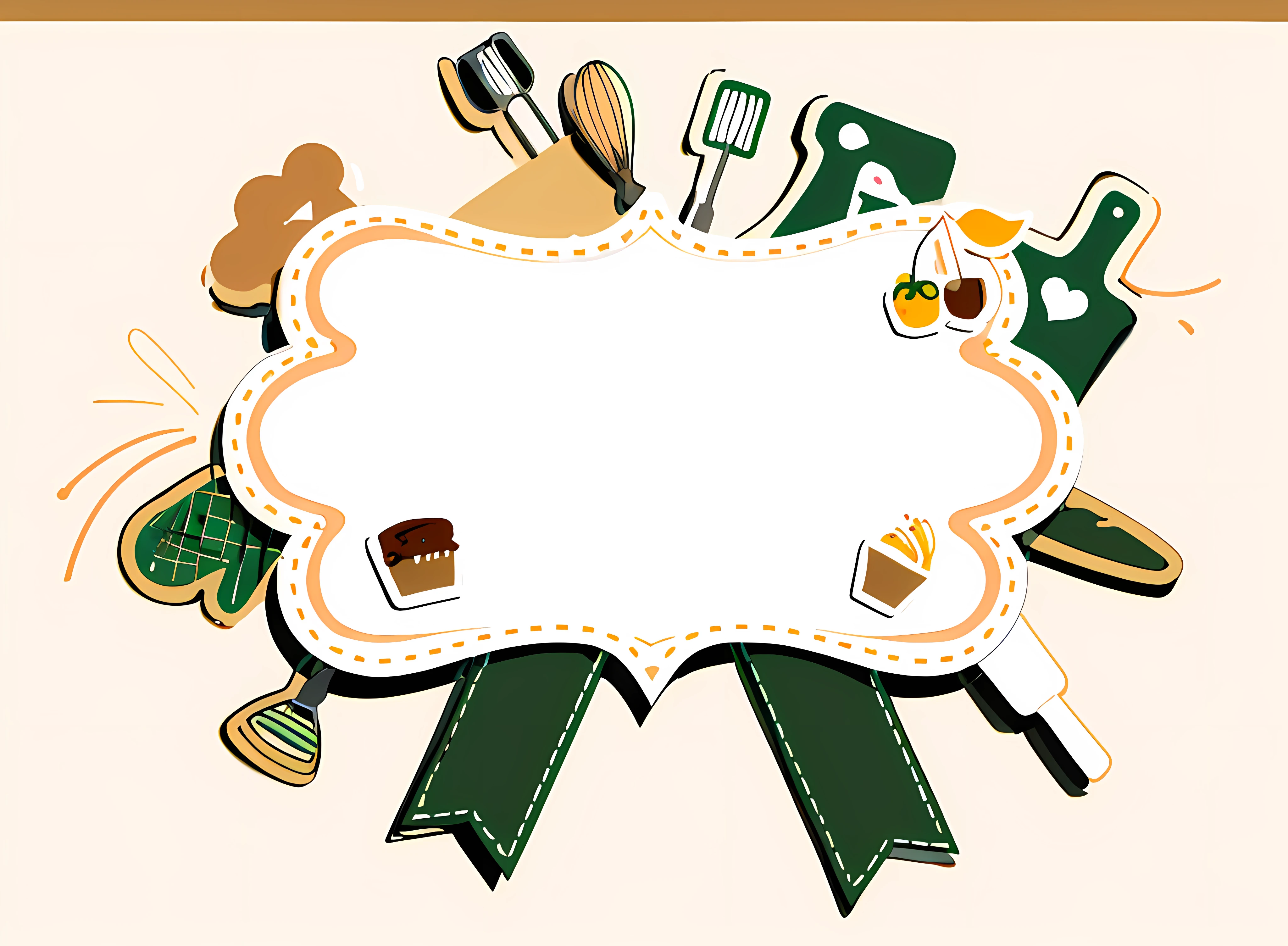 There is a circle of stickers with an image of kitchen items, baking artwork, cozinha, gourmet e artesanato, padaria, fundo da cozinha, delicioso, eatable, Manteiga, bolo, fofo:2, fita, padaria bonito, card frame, plano!!, cooky, no branco, delicioso, plano, Clipart, Clip-art, queque, moldura decorativa, card template