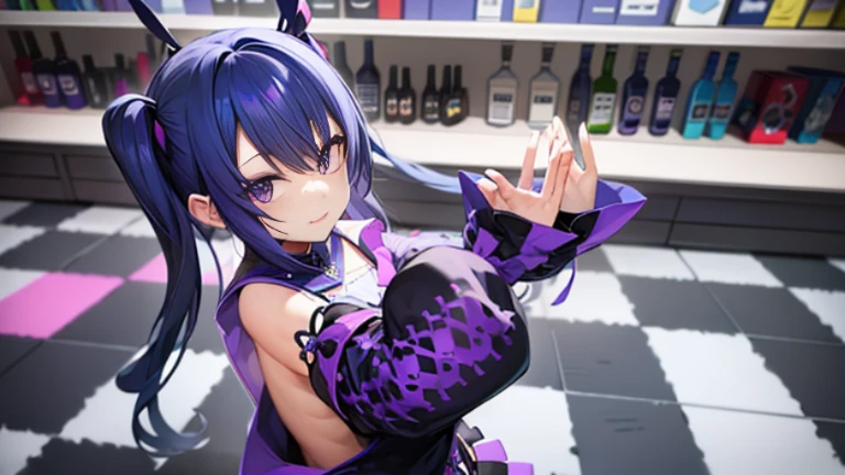 Half-twin tails with blue hair、Purple Mesh、Black-purple clothes、Background bar