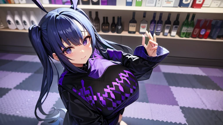 Half-twin tails with blue hair、Purple Mesh、Black-purple clothes、Background bar
