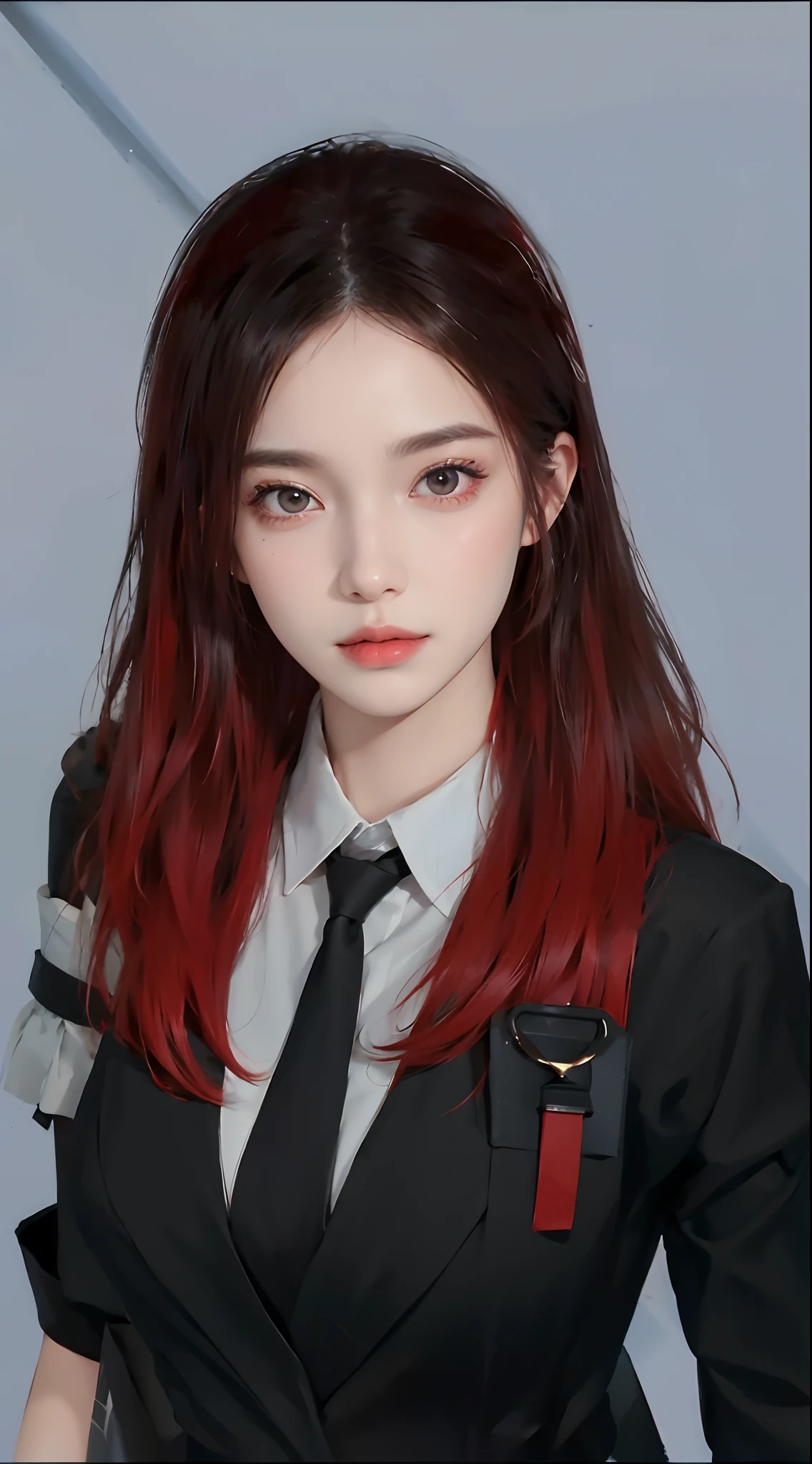best quality, masterpiece, ultra high res, photorealistic, 1girl,  smile, perfect face, beautiful face, beautiful eyes, ((perfect female body, narrow waist)), fantasy, dreamlike, unreal, science fiction,1girl,
masterpiece, best quality:1.2),illustration,8k,hd,1girl,solo,upper body,(portrait:1.2),very_long_hair,large_breasts,red_eyes,white_school_uniform,white_hair,necktie,red_necktie,skirt,bare_shoulders,boots,detached_sleeves,sleeveless,black_thighhighs,zettai_ryouiki,thigh_boots,garter_straps,
