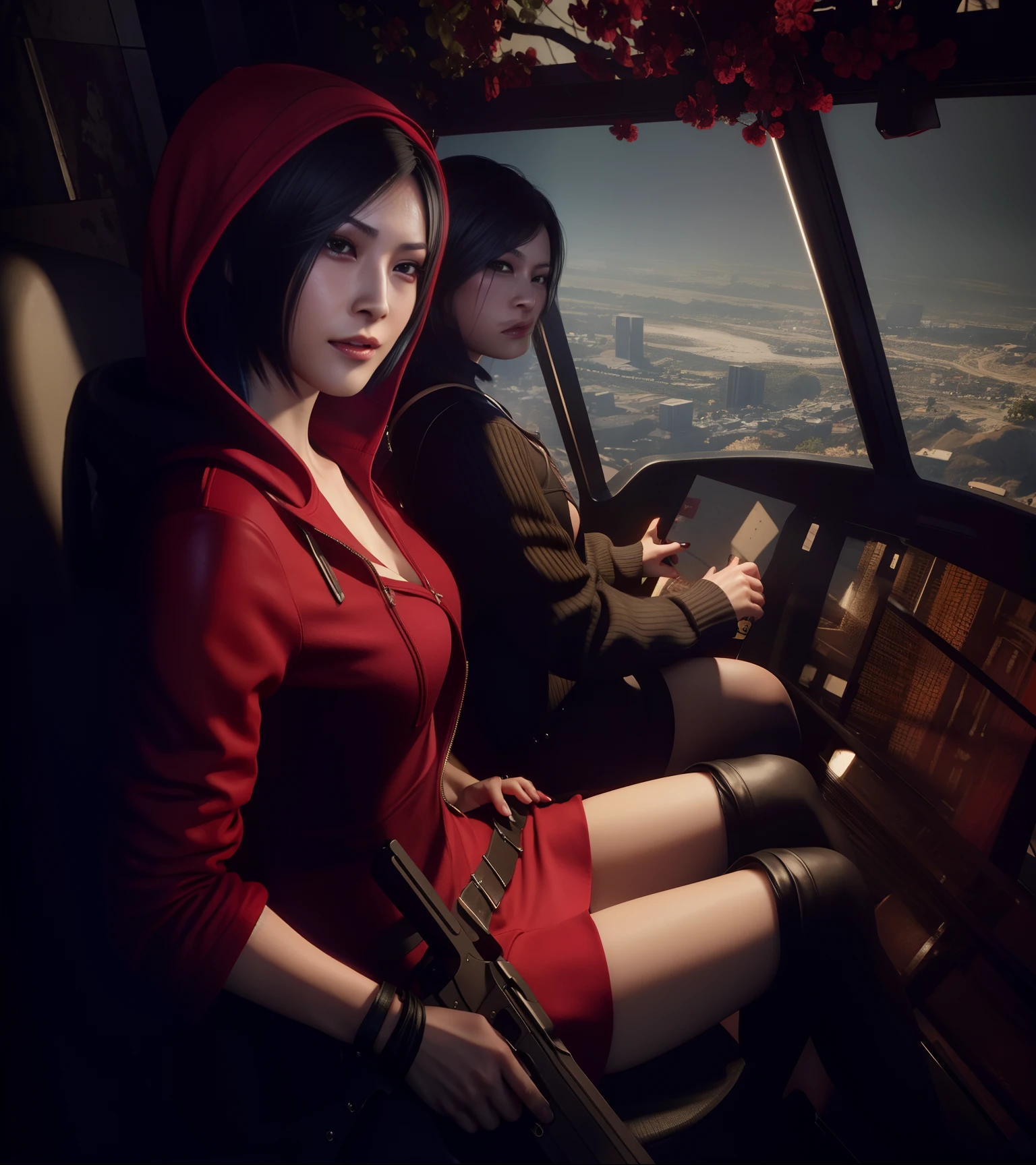 Ada wong, beautiful face, woman, bob hair, perfect Face, wearing mini red dress hoody, wearing hoody, black nail polish, embraced face, little smile