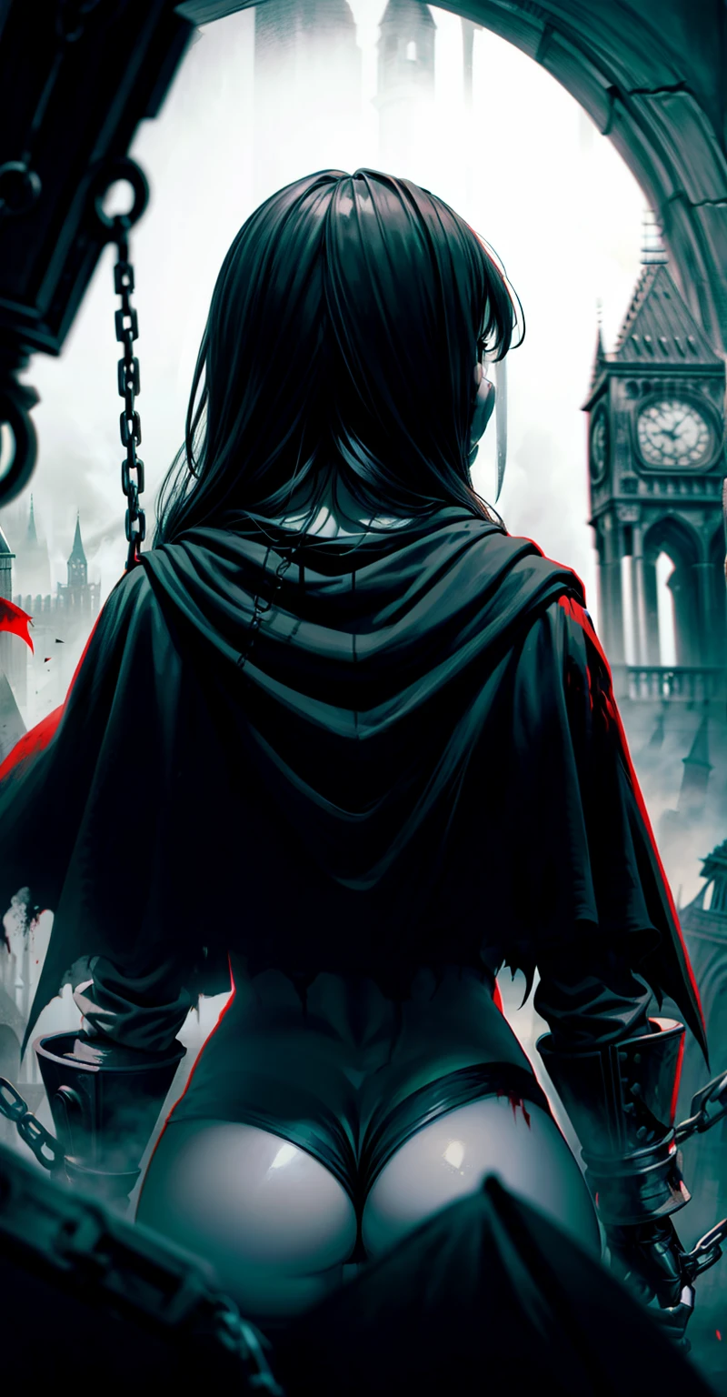 (Best quality, Horror, high contrast style), Silhouette of a tattered woman, black and white drawing, Desperate visual impact, Doom is imminent, The end of London, The chains of the bell tower, Blood red cloak, White gloves, Mirror reflection, Background at Hogwarts School of Witchcraft and Wizardry, Ultra-detailed, Rear view perspective, Close-up shot, Watching from behind，Buttocks close up