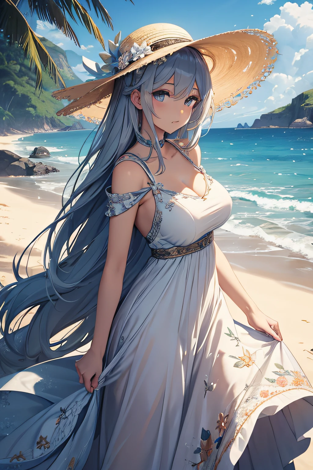 masterpiece、Massive landscape((Mysterious Sea、sand beach))、a beauty girl、huge tit、Silver-haired long、Embroidery on a long dress、Straw hat with floral decoration