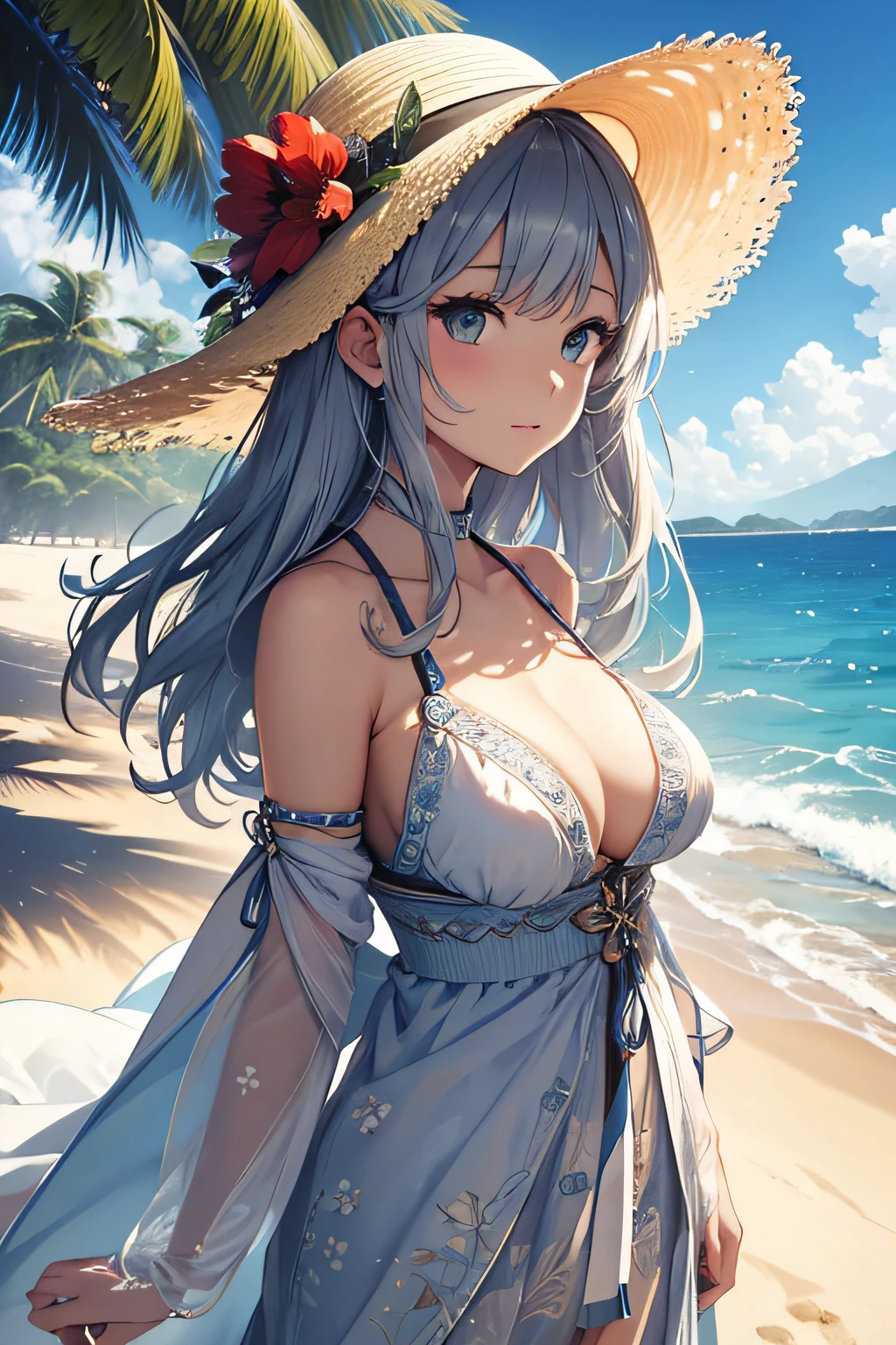 masterpiece、Massive landscape((Mysterious Sea、sand beach))、a beauty girl、huge tit、Silver-haired long、Embroidery on a long dress、Straw hat with floral decoration