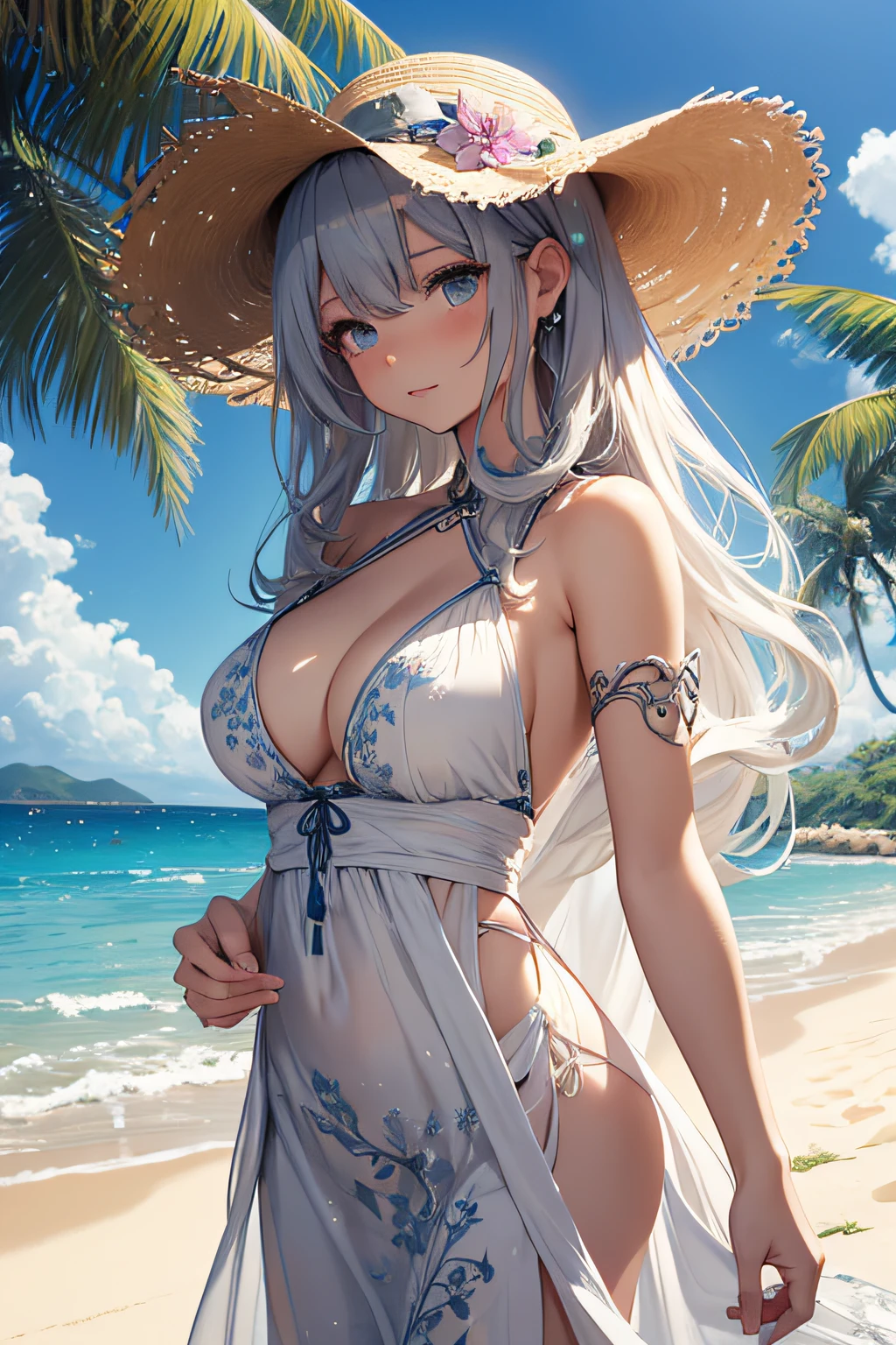 masterpiece、Massive landscape((Mysterious Sea、sand beach))、a beauty girl、huge tit、Silver-haired long、Embroidery on a long dress、Straw hat with floral decoration