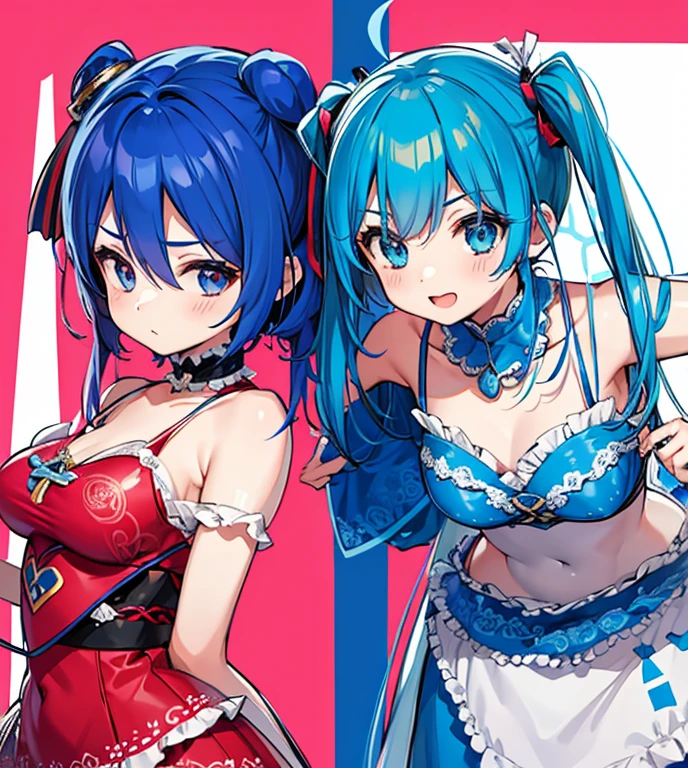 NSFW,Two ,Bring nipples to nipples together,show off nipple,shorth hair,Light blue hair,light red hair,Cat ears，Lolita clothes,lolita,Lori,Smile with open mouth,Top image quality,Best Quality