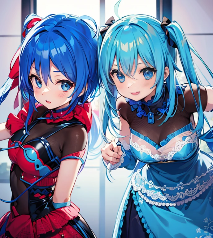 twogirls、Blue-haired、Half-twin tails with blue hair、Two people in red