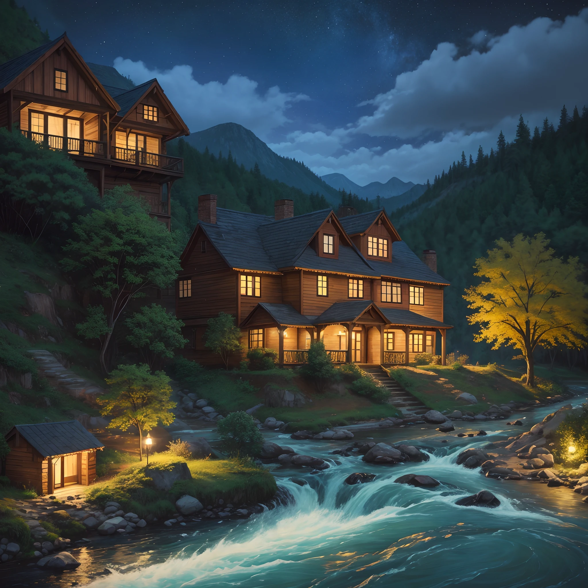 authentic, vibrant, warming, night, oil painting, beautiful house on a hill, vibrant colors, flowing colors, river flowing