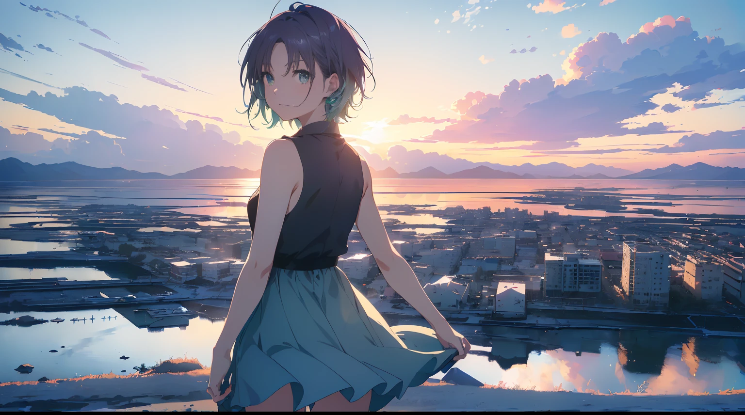 ((The Uyuni Salt Flat reflects the blue sky and summer clouds that stretch out in all directions. A girl walks through the middle of it, surrounded by the blue of the sky and the white of the clouds, creating a stunningly beautiful scene.)), BERAK (sunset:1.3),((anime girl walking on water)), (((The scenery is so vast that it can be seen)),(Perfect Anatomy:1.2),((Perfect hands:1.2)), (best quality:1.1), ((1girl)), from above、dutch angle、very wide shot、(((Toru Asakura:1.37, Solo))), (((bare-legged))), (((blue hairs、耳环、gradation hair、multi color hair、Parted bangs、Purple hair、short-cut、Summer dress in pure white with a lot of lace embroidery, sleeveless))), (Beautiful face, Cute face, Detailed face), (((Detailed beautiful green eyes))),NFSW,((masterpiece)), top-quality, Anime Art Wallpapers 8 K, ripples, Dawn background, ((illustratio, concept-art, animesque, key visual)),sparkling pupils, happy, reaching out ,forward hands,floating hair, shiny hair,outdoors, wind,sparkling pupils, sexy body, NFSW,((masterpiece)), top-quality, Anime Art Wallpapers 8 K,夏天、Makoto Shinkai's concept art、tumblr、magical realism、beautiful anime scene、Beautiful sky。By Shinkai Makoto、((By Shinkai Makoto))、anime background art、anime backgrounds、style of makoto shinkai、anime movie background、Galaxy Express、(((vast scenery))),extremely detailed CG unified 8k wallpaper, very fine 8KCG wallpaper, anime moe art style, Anime visuals of cute girls, anime style portrait, In an anime style, Beautiful anime, 8K Anime Art Style, In anime style、8K animation with detailed drawings, (masterpiece, Best Quality), High resolution, Ultra-detailed, ultra-sharp, Cinematic lighting、HDR、UHD、8K、Glowing eyes, blue-sky、