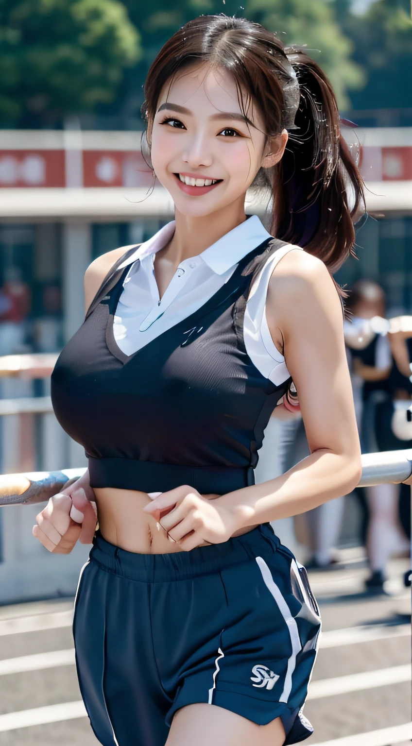 ((masterpiece, The highest image quality, Hight Resolution、独奏、tiny boobs、Sleeveless uniforms on land、Sprinter、high-ponytail Hairstyle、no bra、Telegraph Esbian、A Smile、He smiled slightly、Tecateka Skin、wlop glossy skin))、Sweaty face、Latina, age, full of sweat、red lipsticks、Walk along the track of the athletics stadium.、独奏、On both hands and buttocks、The navel is visible、((Thigh-raising training))、((Running on the track))、(((macho body)))、((Sweaty uniforms))、(((Look at the whole body)))