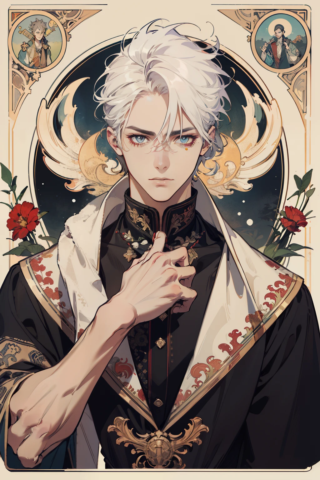 (absurdress, hight resolution, overdetalization), 1 male, grown up, long snow-white hair, sad face, cutest, tall muscular guy, Flames swirl around him, wide shoulders, Detailed eyes and detailed face, fool \tarot\, bard, clown, Symbolism, visual art, occultism, Universal, Vision Casting, Philosophical, Iconography, Numerology, Popularity, an artistic, by Alphonse Mucha