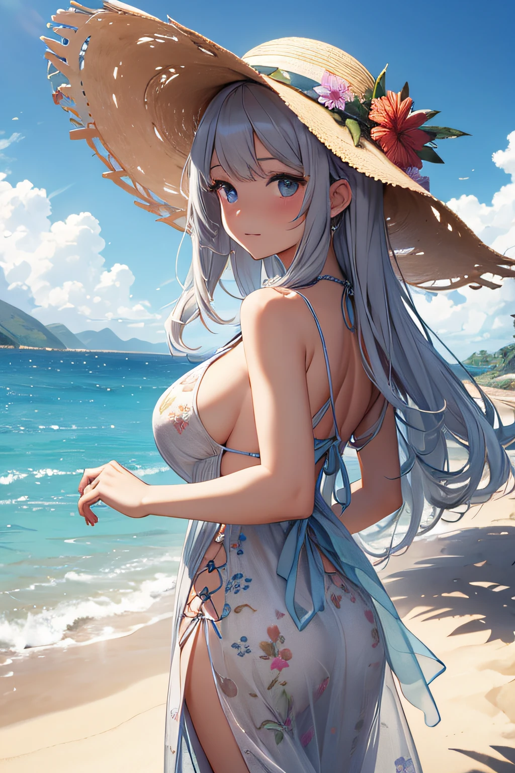 ​masterpiece、Massive landscape（（Mysterious Sea、sand beach））、a beauty girl、huge tit、Silver-haired shorthair、Embroidery on a long dress、Straw hat with floral decoration