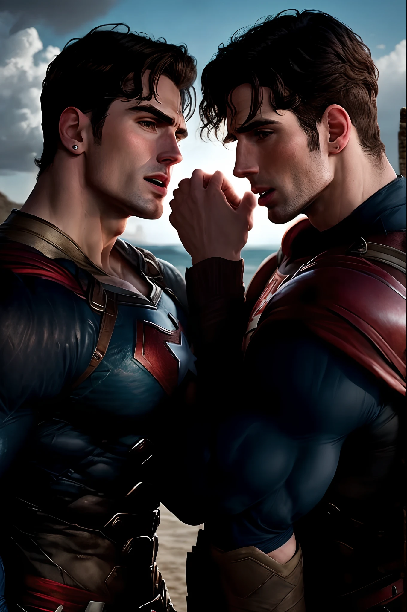 2 hombres, cuerpo completo, vello facial rapado, Superman borracho y masturbado por Lex Luthor en la cama, bulto grande, enorme_, mostrando pectorales y abdominales completos, wet dreams, Great erection, bulto grande, besos, pornographic