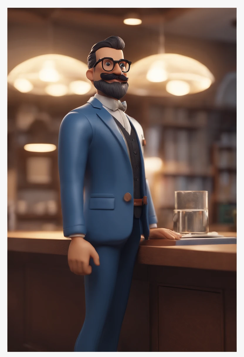 Cartoon character of a man wearing black glasses and a blue suit, um personagem animado, Caractere estilizado, animation style rendering, 3D estilizado, Arnold Maya render, 3 d render stylized, toon render keyshot, Personagem 3D, Personagem 3D, 3d rendering stylized, 3 d character render, personagem de desenho animado, Personagem de close up, Pose de personagem, (Estilo Pixar) (master part:1.2) (Bokeh) (best quality) (pele detalhada) (textura detalhada) (8k) (argila) (Cinematic lighting) (foco nítido，Sits and empties upper body in an ENT doctor's office with a beard and mustache