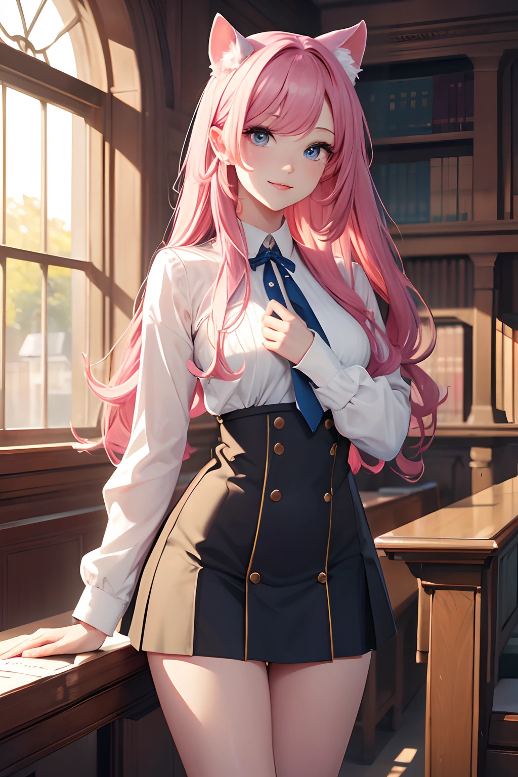 (best quality, 4k, highres, masterpiece:1.2), medium:oil painting, portrait, girl, beautiful detailed eyes, beautiful detailed lips, extremely detailed face, long eyelashes, flowing hair, elegant posture, confident expression, hands with accurate proportions and fine features, tailored clothing, extremely short skirt, library background, standing, vibrant colors, soft lighting, realistic shadows and highlights, normal human ears, (no animal ears), long pink hair with blue tints, smiling, holding a book