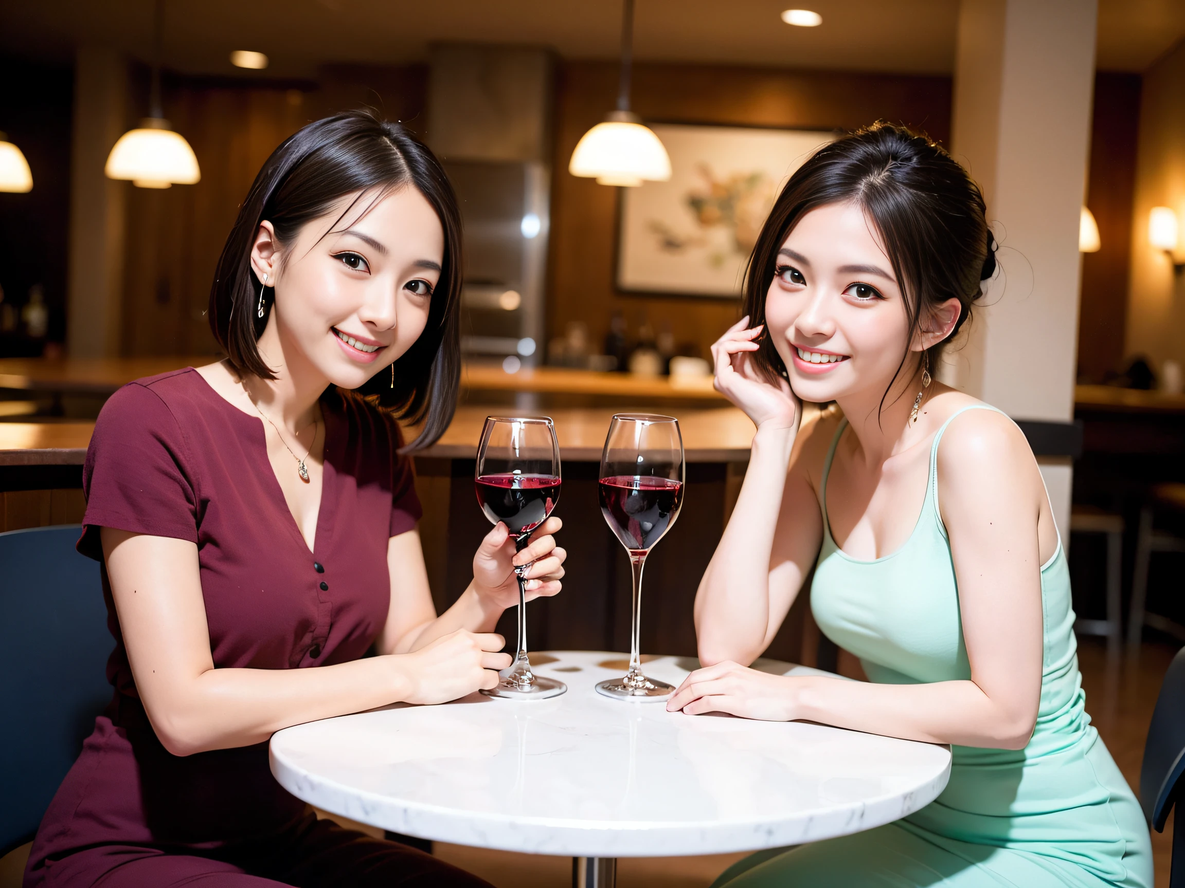 ((Highest quality、8K、masterpiece:1.3))、1 male 1 female、Slim lover、Beautiful couple、Smile、full-course dinner、 (Slim face), (the body is スリム), (Brown Hair), (Shortcuts), ((Bob Hale、Straight hair:1.2)), テーブルの上のwine glass、Shine light on your face、 Amazing view of the sunset sky and clouds、The beauty of a smile、Bright image、Blushing, Shortcuts, (43 years old), 39 years old, Appetizers、Italian food、Wine bottle、Champagne、sparkling wine、Long sleeve shirt、dress、Attractive beauty、restaurant, Nova Frog Style, actress, model, Upper Body, White wine, red wine, wine glass, 