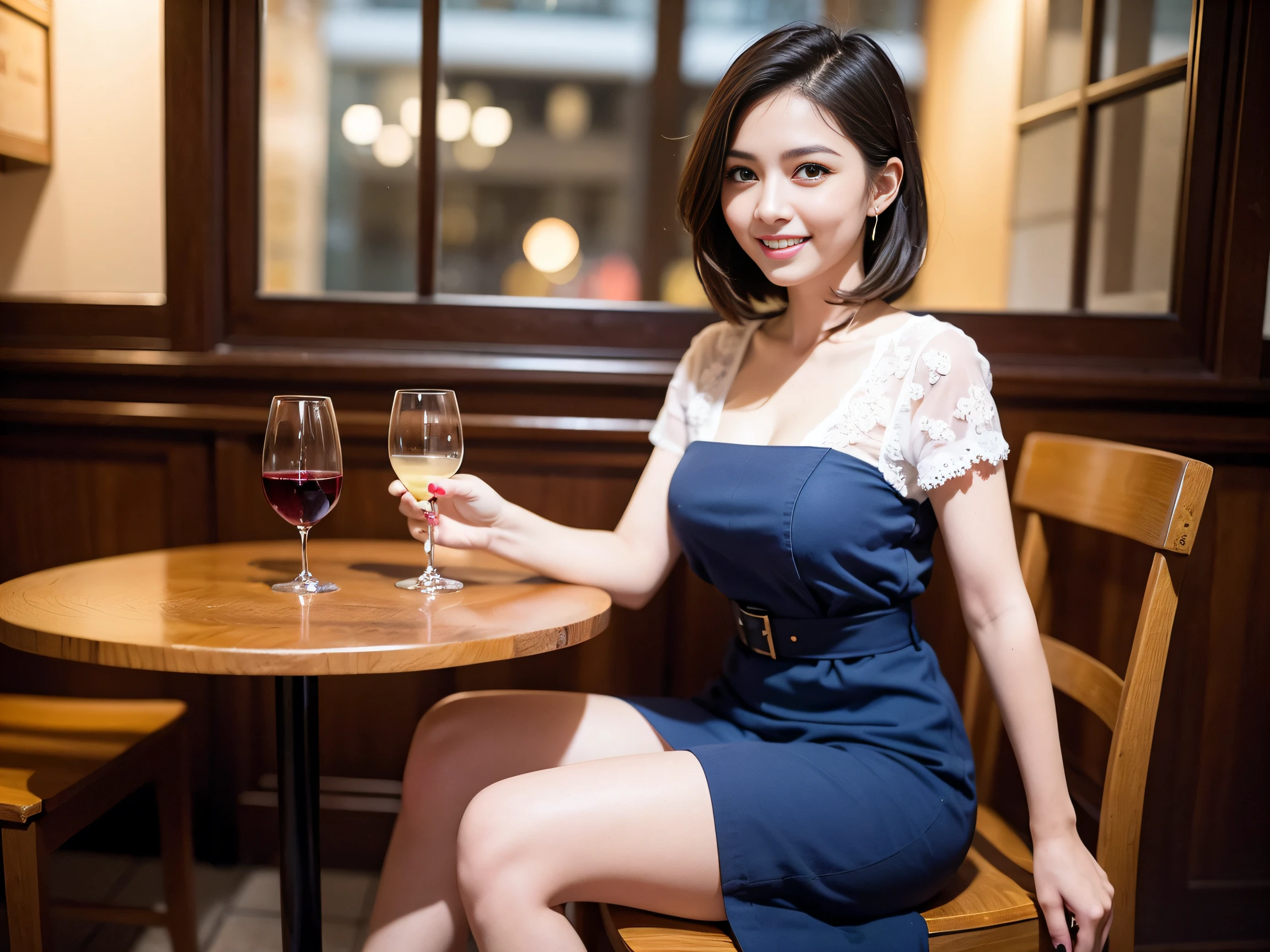 (64K、UHD、top-quality、masterpiece:1.2)、(realisitic、Photorealsitic:1.37)、Beautuful Women、Woman with good posture、japanes、Italian women、French women、Beautiful woman with a nice smile、Pretty women、(Slim Faces)、(Slim body)、(brawn hair)、(short-cut)、short sleeved shirt、Neat and clean dresses、suits、Half Beauty、Longhaire、Wine Party、(45 yers old)、48yo、Wine lover、Enjoying a glass of wine、Beautiful detailed urban night view outside the window、resturant、Have a wine glass、Italian cuisine on the table、(from waist up)、Beautuful Women、Beauty Witch、date、(a smile:1.15)、Beautiful fine eyes、Sitting on a chair、natta、(short-hair:1.2)、Float NovaFrogStyle、女優、modeled、from waist up、wine bottle、white wine、Slimed、wine glasses、red wine、Happy smile、Super blissful