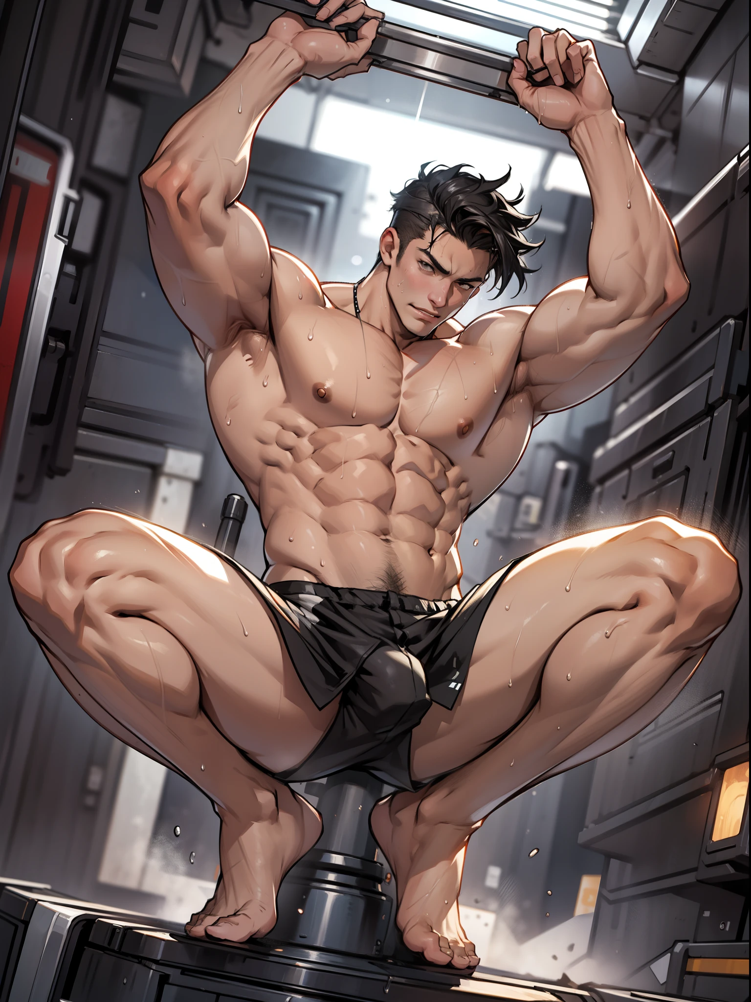 A tall muscular boy , Naked , Legs spread , impact , Sweaty , Wet , Seductive , Bigboobs , large bulge , big balls , look from down , From the knees , big assa,mechs,punky style
