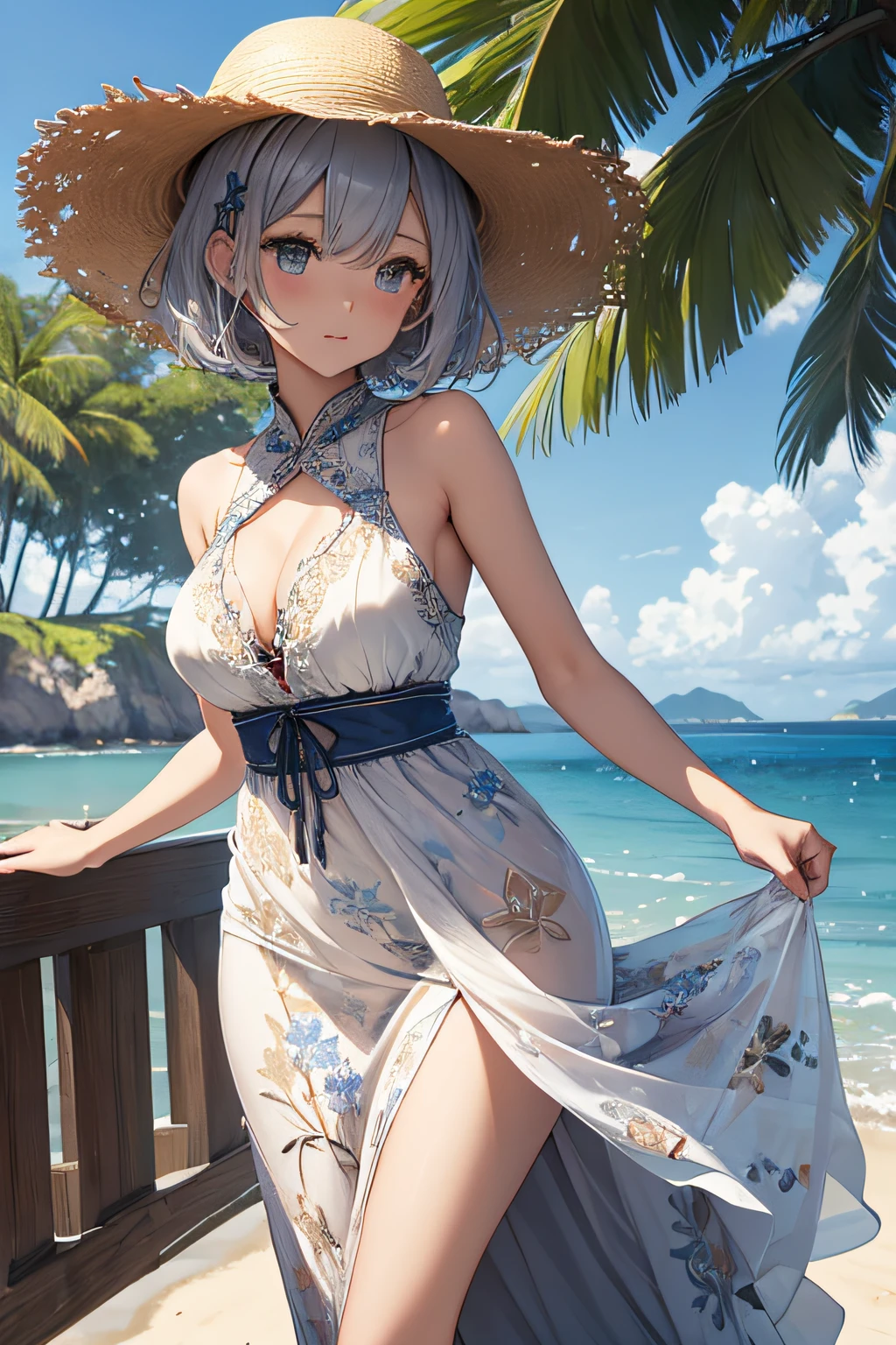 ​masterpiece、Massive landscape（（Mysterious Sea、sand beach））、a beauty girl、huge tit、Silver-haired shorthair、Embroidery on a long dress、Straw hat with floral decoration