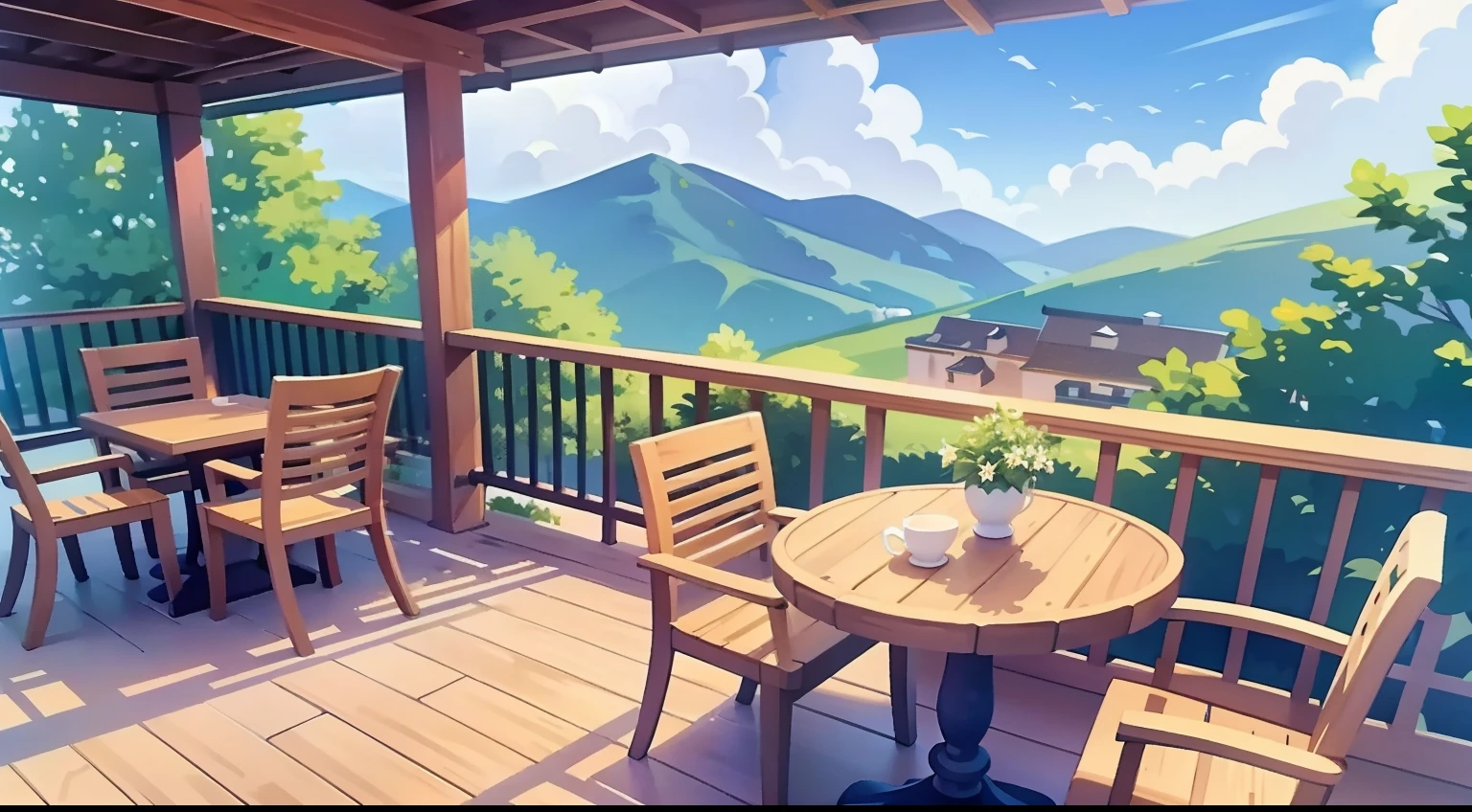 Beautiful landscape painting、Wood deck、Tea table、blue-sky、ultra-quality、masutepiece、Natural Color、Cafe terrace seating