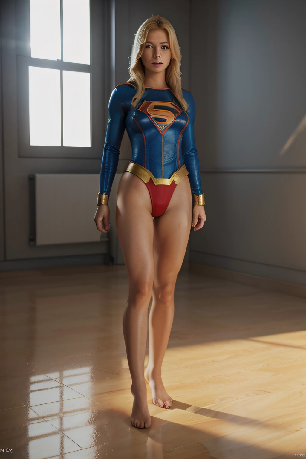 photo-realistic image of a beautiful blonde haired Supergirl,full body,3d render,