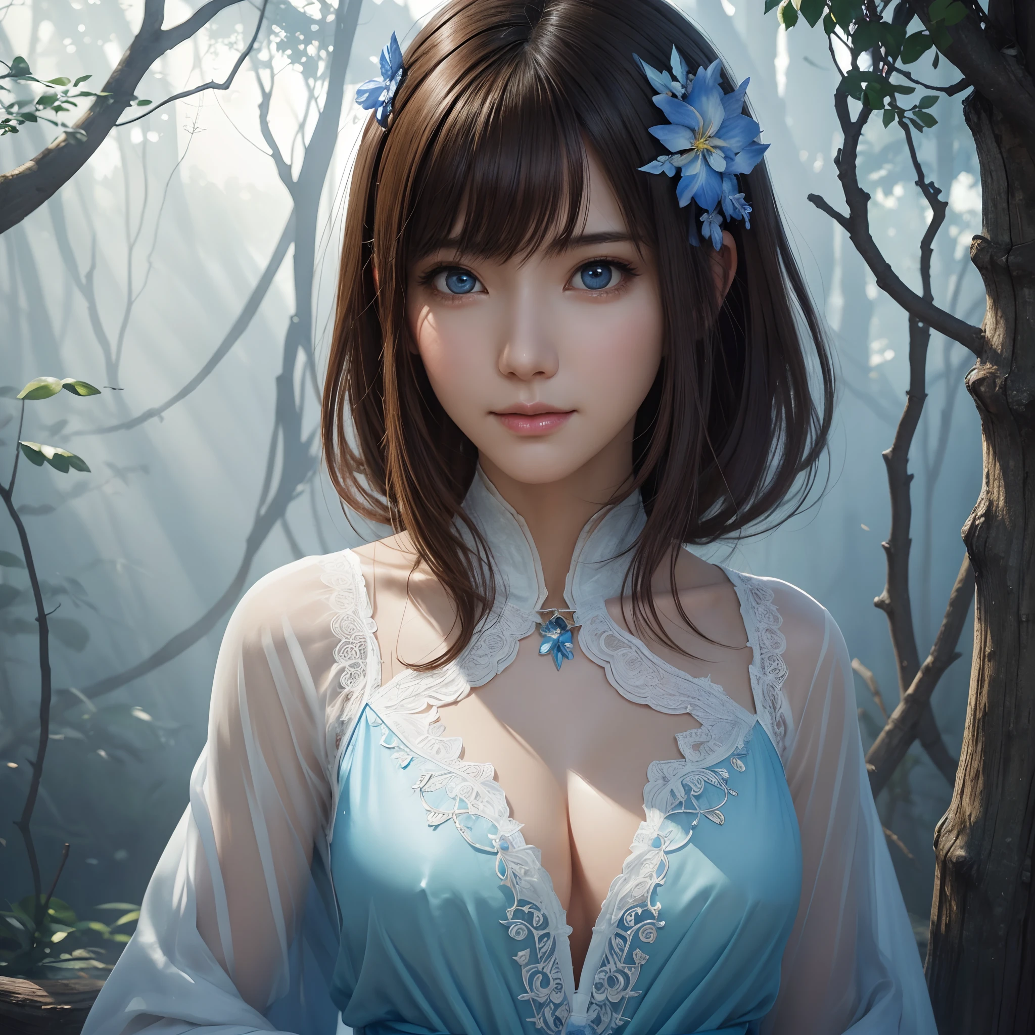 hightquality、8K Ultra HD、fullllbody、1 16-year-old female、Gentle smile、Rich facial expressions、beauty legs、robe blanche、light brown hair、Blue eyes、(The background is a lovely healing forest and the murmur of a river)、cute little、Beautiful fece、portlate、art by:Alberto Seveso、Abstract art style、Complex and intricate watercolor painting 、digitial painting、concept-art、Volumetric lighting、TanvirTamim、metal reflective、2d render、8K。 by artgerm、Trending on ArtStation