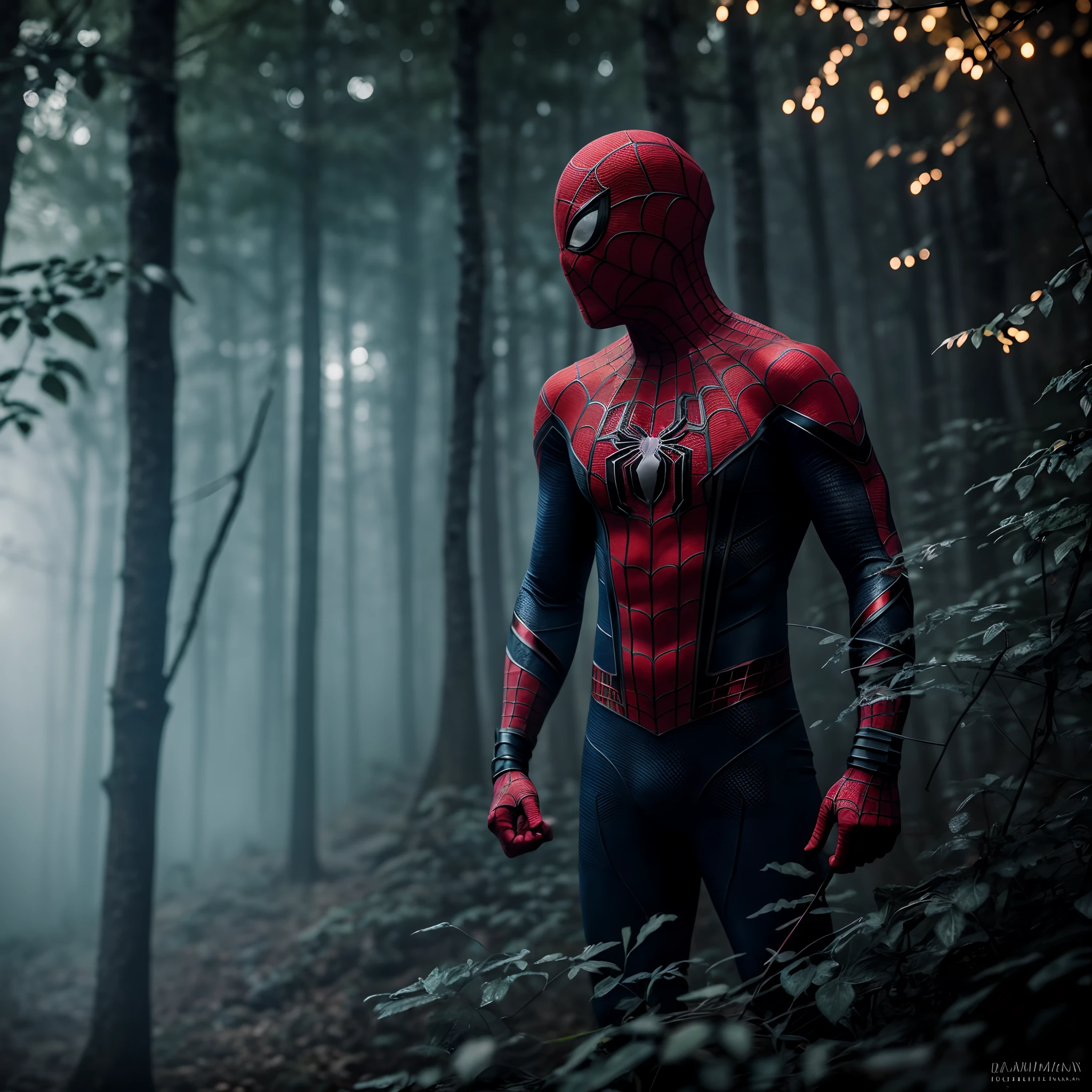 dramatic dynamic portrait of Spider-Man covered in intricate floral bioluminescent spiderweb filigree, misty fantasy forest environment, bokeh ✨