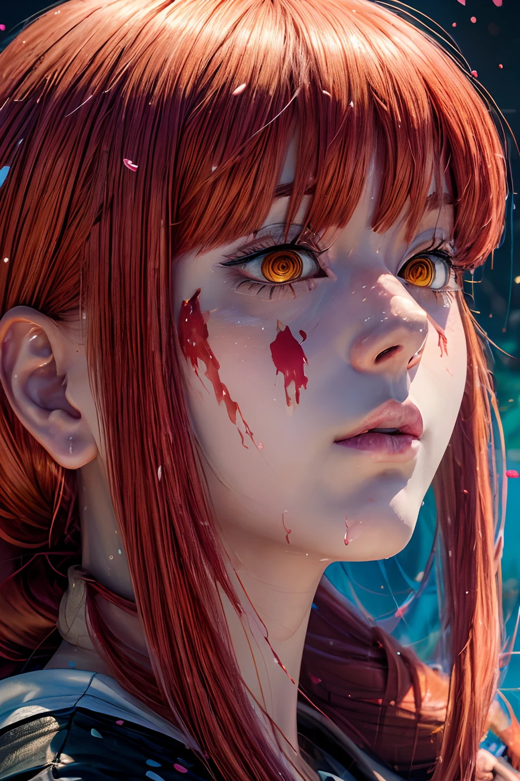 masterpiece, best quality, (extremely detailed CG unity 8k wallpaper, masterpiece, best quality, ultra-detailed, best shadow), (detailed background), (beautiful detailed face, beautiful detailed eyes), High contrast, (best illumination, an extremely delicate and beautiful),1girl,((colourful paint splashes on transparent background, dulux,)), ((caustic)), dynamic angle,beautiful detailed glow,full body, paint splash on face. close up of a woman, anime girl with red hair and a white shirt and tie, a character portrait by Yang J, pixiv, shin hanga, portrait of an anime girl, female anime character, portrait anime girl, portrait of asuka langley soryu, beautiful anime portrait, detailed portrait of anime girl, anime character, realistic anime artstyle, anime girl portrait, anime character portrait, paint splashes on face.
