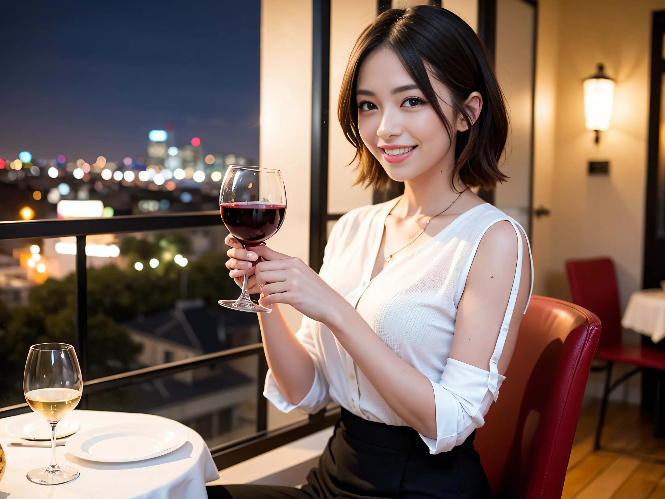 ((Highest quality、8k、masterpiece:1.3))、cute、Slim couple、Model Couple、Actress、(Realistic, Intricate details:1.2), full-course dinner、Wine Party、Amazing view of the sunset sky and clouds、A bright smile、short hair,Bright Face、 (45 years old), 48 years old, red wine 、Appetizers、Italian food、Wine bottle、Champagne、sparkling wine、Two beauties、Brown Hair、Shortcuts、Long sleeve shirt、dress、Beautiful woman 1, (Slim face), (The body is slim), (Brown Hair), (Shortcuts), cheeks turn a little red,Attractive beauty、restaurant, In a prominent place (From the waist up) Nova Frog Style, actress, model, Upper Body, White wine, slim, wine glass, A wine glass placed in the center, smile, (smile: 1.15), Beautiful fine grain, Depth f/2,saturation, High Contrast, Strong light and shadow,Moist Body:1.5、3D texture、Delicate eyes、Brown Hair、The hair is very shiny、