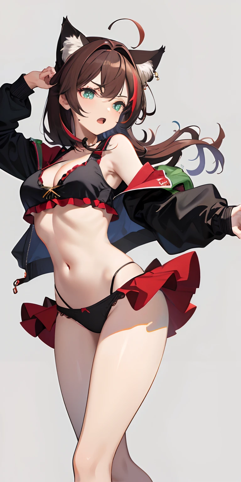 masterpiece, top quality, high resolution, solo, black and red crop top, cleavage, medium breasts, midriff, cat hair ears rough breath, sexual expression, open mouth, wearing underwear, shoving cleavage, black and red panties, sexy brown hair, cowboy shot, full body, green streak in hair,
