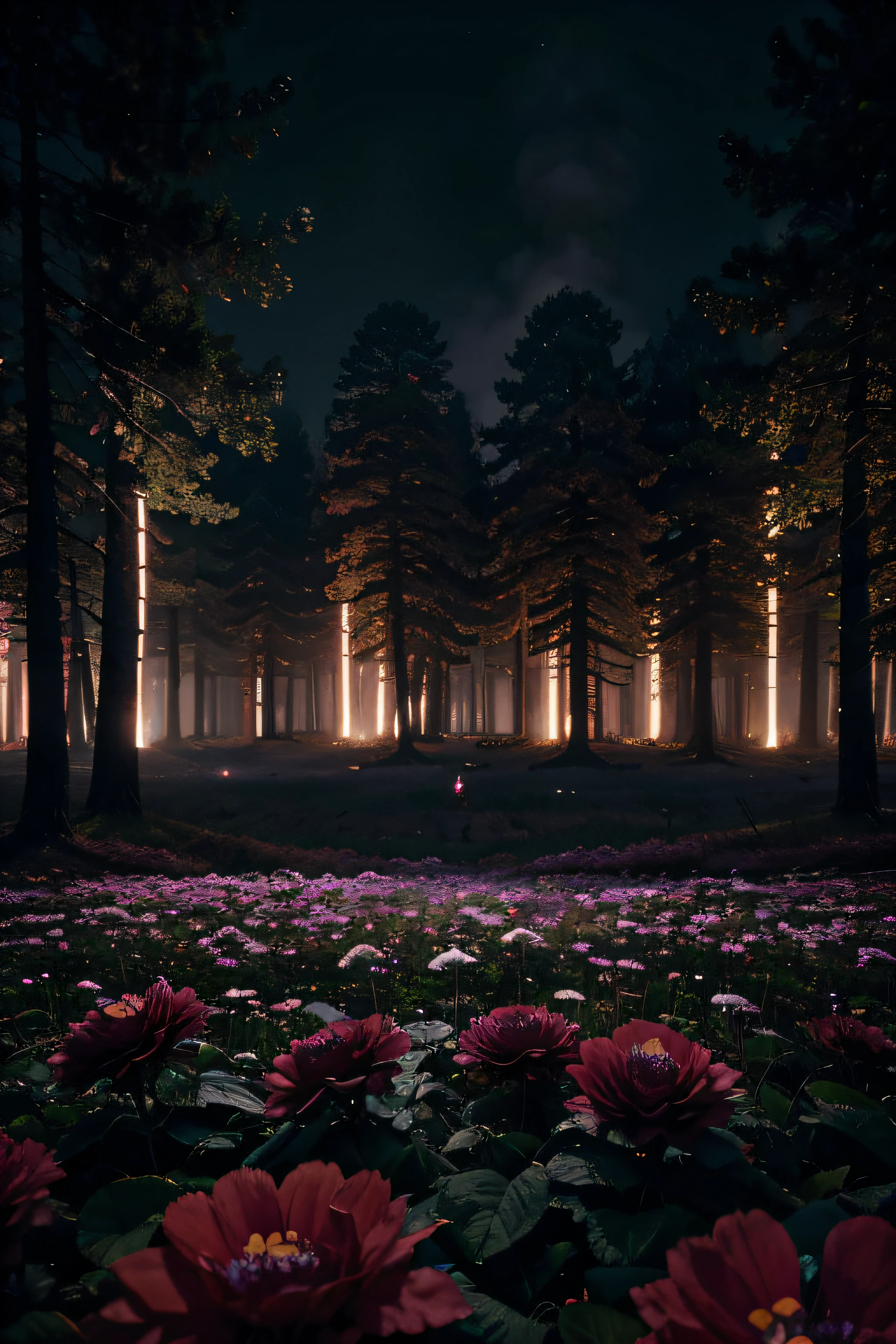 dark forest with gummy bear flowers, with a cyber city with fog at the back view, 8k, raver crowd at the bottom. but in the morning