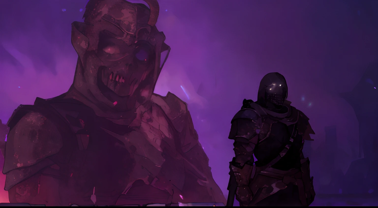 there is a man standing in front of a large picture of a young girl, dark souls boss, peering over from his heavy, ominous figure in the background, scary knight, dark brotherhood, the dark souls knight, dark souls vibe, dark souls knight, dark souls screenshot, you looking into the maw, undead soldiers in background, many details, light particles, light rays, glowing, 1girl