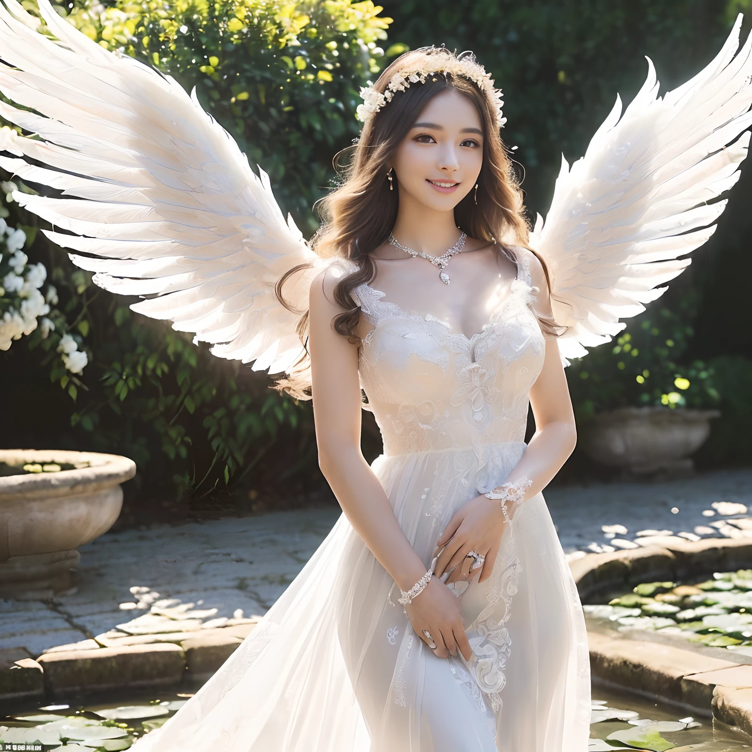 (((masutepiece、top-quality、Highly complex and detailed depictions)))、((Very beautiful angel queen、Maternal smile,mothers,Smile、Perfect gas chamber、See me exactly、Perfect 2 Wing、white roses、A large amount of white roses、Beautiful white roses、The most beautiful gardens in the world、The most complex and fantastic gardens in the world、Beautiful smile,、A detailed face、Perfectly depict the face、Walk along the cobblestones、Walking in the garden、Crystal clear and beautiful water、Hair swaying in the wind、Take photos up close、Take a photo above the thigh、Final Form as Perfect Angel, ,Huge and realistic angel wings,The most dignified feathers,The most detailed and intricate angel wings、King of Angels,The most dignified angel,Shimmering white feathers、Plumage gives off a transparent shine、Graceful and classy pose、Fairytale Garden、Garden with white flowers、Walking in the garden、Flowers, Fountains and cobblestone gardens、Walking in the garden、Beautiful cobblestones、white blossoms,、Beautiful temple gardens、There is a spring surrounded by cobblestones、Sacred Well、crystal-clear water、It is full of white flowers、white blossoms、Her feathers shine like a fairy tale、、Beautiful temple gardens、Fairytale Garden、Walking in the garden、Angels bathed in the sacred soft light、spectacular movie lighting、The most classy white dresses、Very noble、refinement、top grade、The most massive pure white princess dress, The finest necklaces,artistic décor,Intricate and solemn dress of an angelic masterpiece,White decorative dress,Huge Princess Dresses,The most majestic figure of the angel,The most intricately depicted angelic figures,The plumage gives off a translucent fairytale glow、Unimaginable beauty,The most intricate and beautiful dresses,Accurate reproduction of the perfect angelic detail,The figure of an unimaginably beautiful angel)),((Most beautiful face,Half Japan and half Spanish,Maternal tenderness、Maternal smile,Beautiful wavy hair,The most luxurious and intricate dresses,stares at the camera、Giant wings of angels,masutepiece,8K,very intricate,ultra-detailliert))