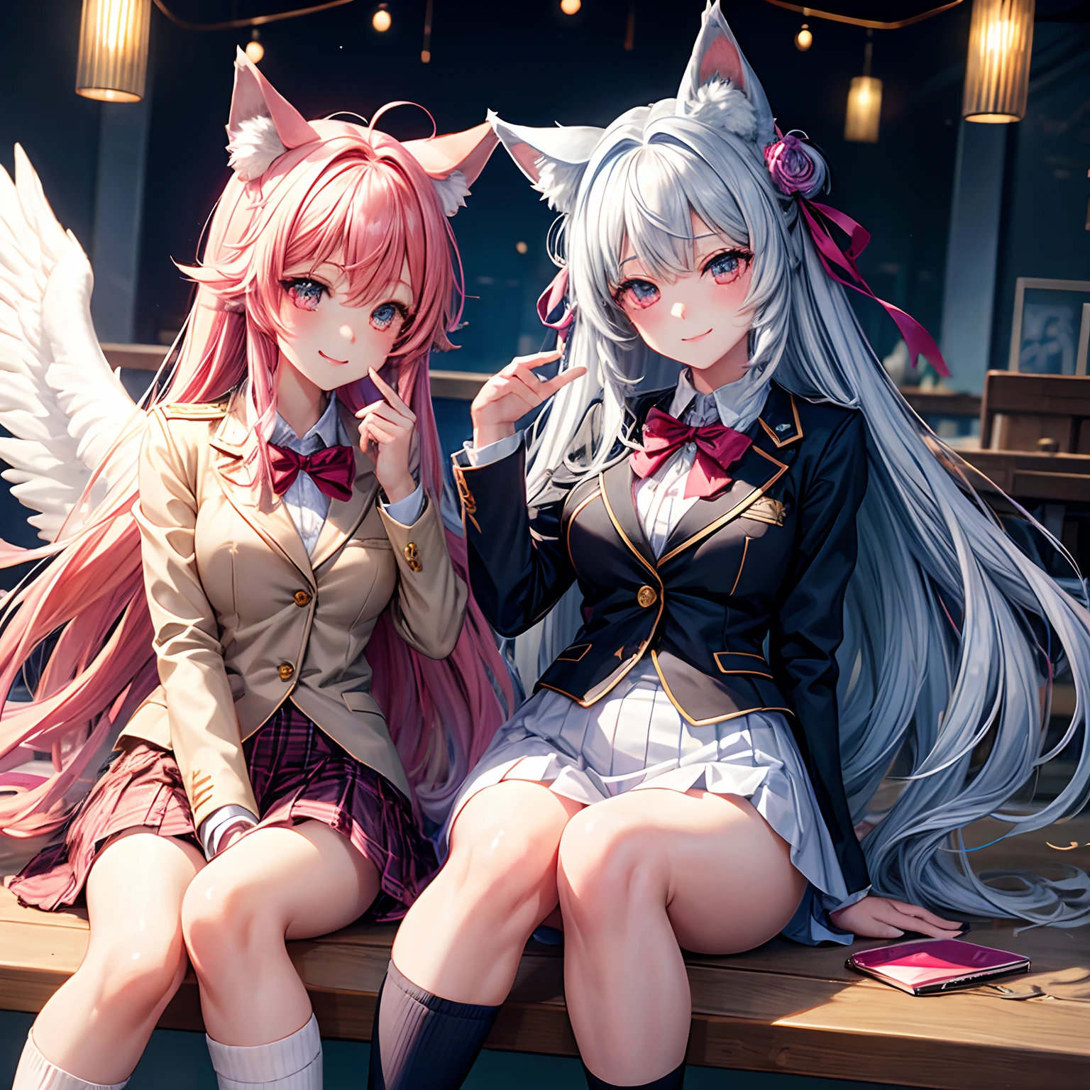 Beautiful girl with colorful hair,Wolf ears,She is an angel.、It's Yandere,A smile,masterpiece,超A high resolution,Ribbon on uniform,Cute Blazer,Beautiful Beautiful Girl,Perfect Beautiful Girl,Excellent style,Loose socks,
