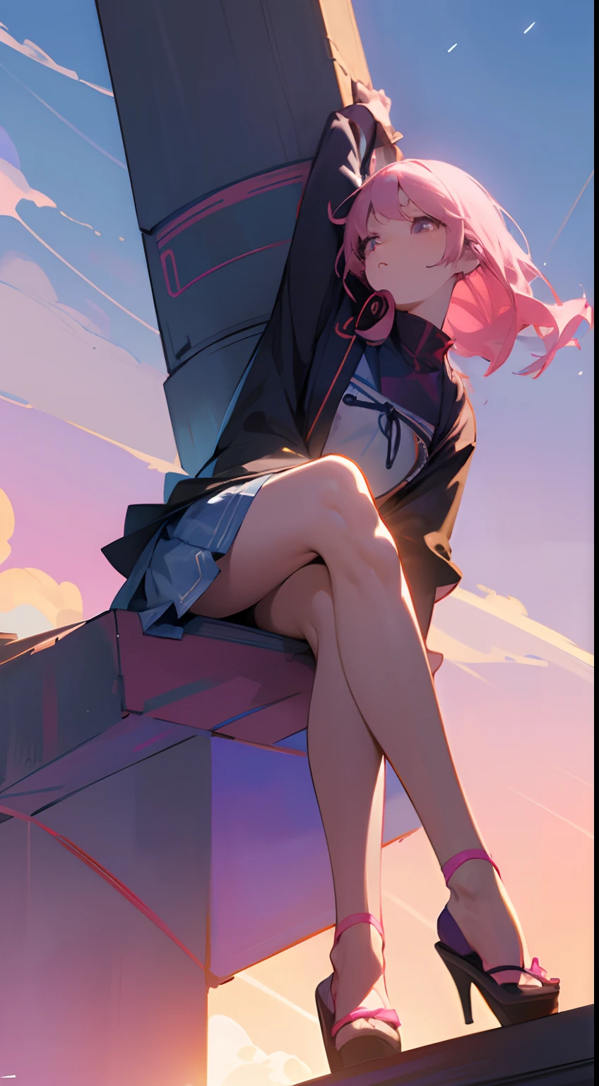 Takako Hirai, Junaida, Heikala, Surreal, mysterious, strange, fantastical, fantasy, Sci-fi, Japanese anime, sweets house, beautiful high school girl in a miniskirt who climbs on the roof to eat, perfect voluminous body, pale blue and pink sky, clouds, hyper detailed masterpiece, fairy art, depth of field cinematic lighting