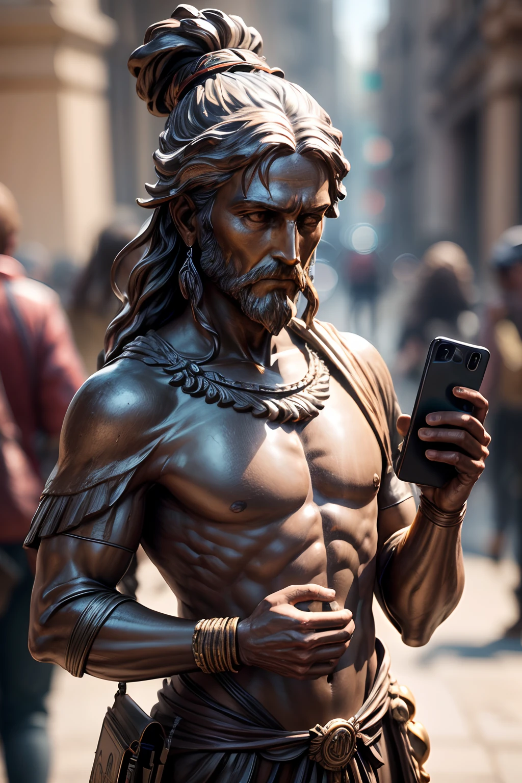( A bronze statue of an ancient man holds a modern smartphone high in front of you),(Barente Fabritius), (Modern smartphones occupy the main part of the picture:1.9),The camera is focused on the smartphone,Detailed close-up,the detail,Sunlight, Depth, Many details, ((extreme hight detail)),(Ultra-detailed),Chiaroscuro, Extremely detailed Cg Unity 8K wallpaper,