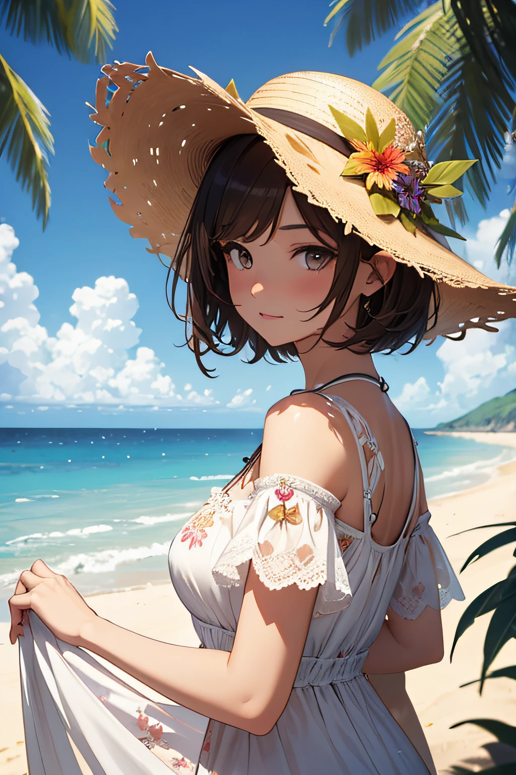 (Best quality, dynamic lighting, highly detailed, HDR) Brown haired young woman, mature, beautiful, bob hair, brown eyes, slim, medium-small breasts, white floral summer dress, summer hat, bare shoulder, cleavage, sleeveless, smiling, beach background.