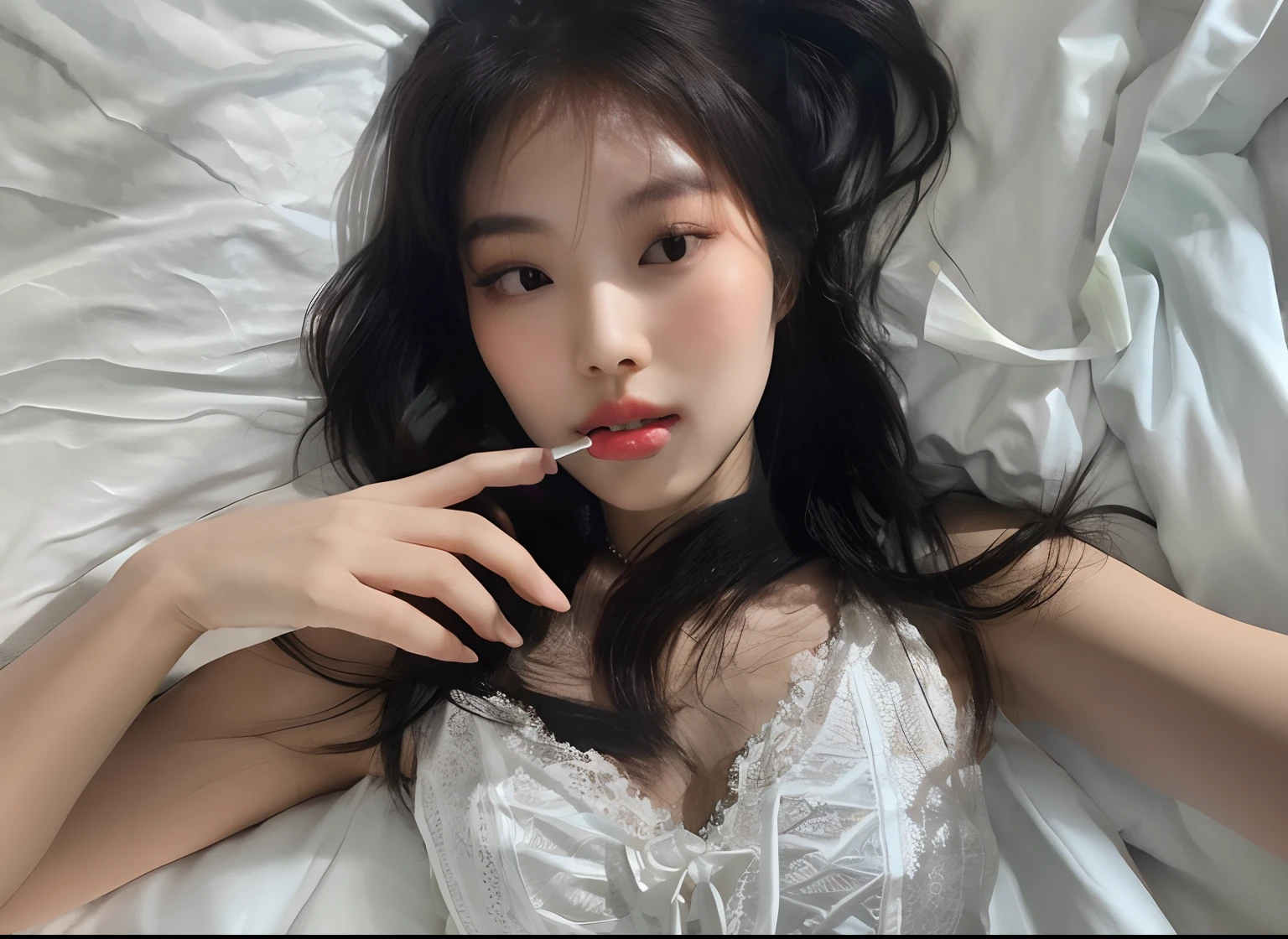 There's a woman lying in bed with a cigarette in her mouth, ****** coreana, posando na cama, linda mulher coreana jovem, Mulher sul-coreana bonita, Ulzzang, mulher coreana jovem bonita, Beautiful Asian girl, Asian girl, Jinyoung Canela, Heonhwa Choe, posando em um quarto, Mulher coreana, na minha cama, young adorable korean face