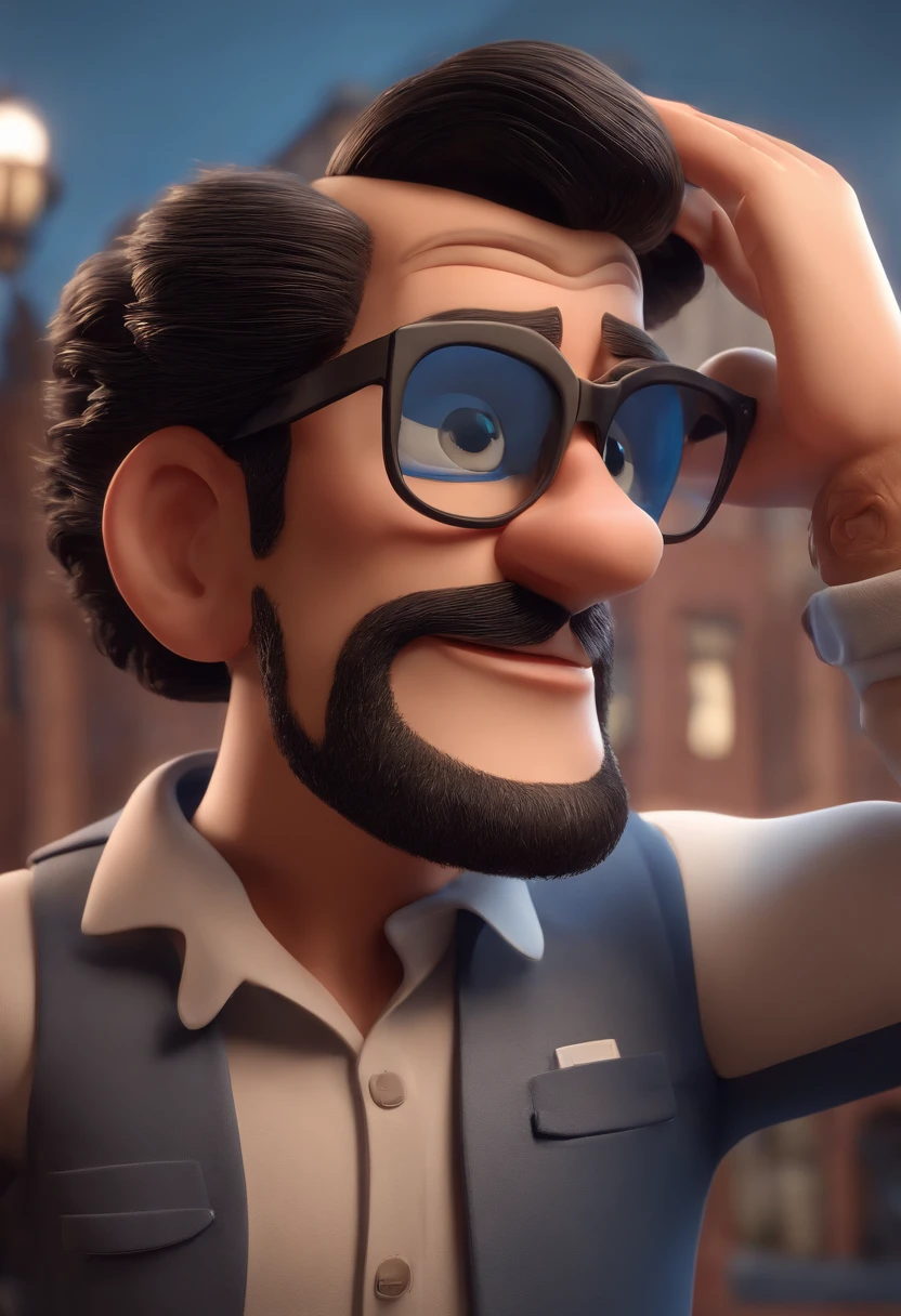 Cartoon character of a man wearing black glasses and a blue shirt, an animated character, Stylized character, animation style rendering, 3D stylized, Arnold Maya render, 3 d render stylized, toon render keyshot, 3D Character, 3D Character, 3d rendering stylized, 3 d character render, cartoon character, Character close up, Character pose, (Pixar Style) (master part:1.2) (Bokeh) (best quality) (detailed skin) (detailed texture) (8k) (clay) (Cinematic lighting) (sharp focus