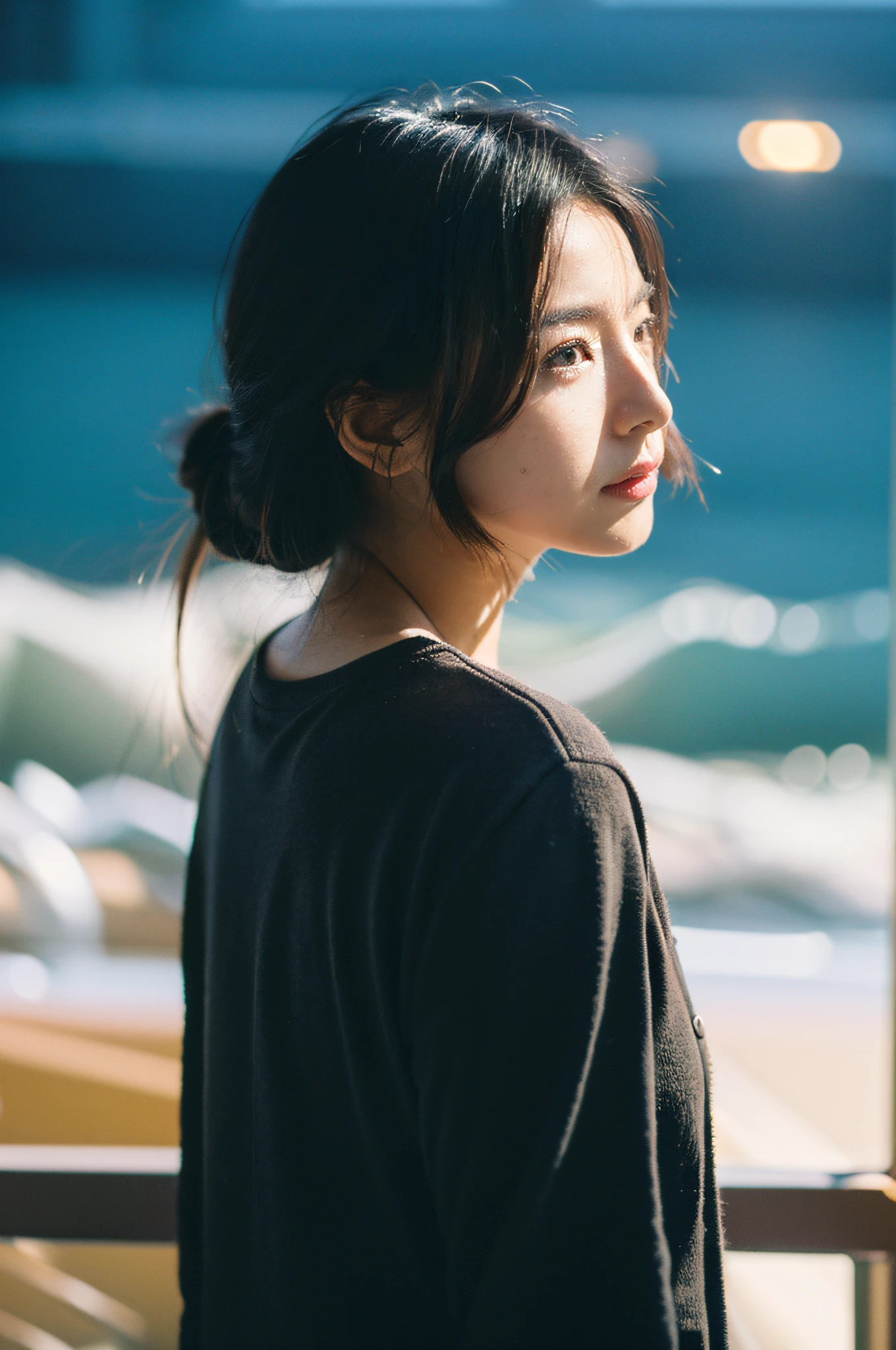 Best quality,Masterpiece,超高分辨率,(Realisticity:1.4),Original photo,Cinematic lighting,
1girll,,back lit lighting,Ocean,sideface,Three-dimensional side face,goodlooking,prette