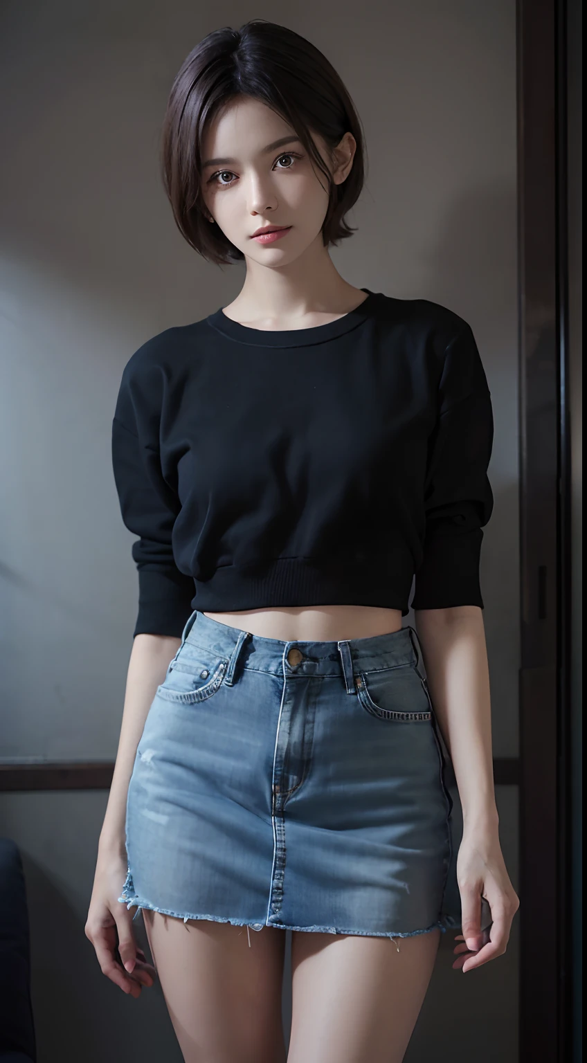 Sweaters、Denim Mini Skirt、full body Esbian、frontage、A slender、(masuter piece:1.3)、(8K、Photorealsitic、Raw photography、top-quality: 1.4)、(1girl in)、美丽的面容、(Lifelike face)、(A dark-haired、short-hair:1.3)、Beautiful hairstyle、realisticeyes、Beautiful details、(real looking skin)、Beautiful skins、(Sweaters)、absurderes、enticing、超A high resolution、A hyper-realistic、high-detail、the golden ratio
