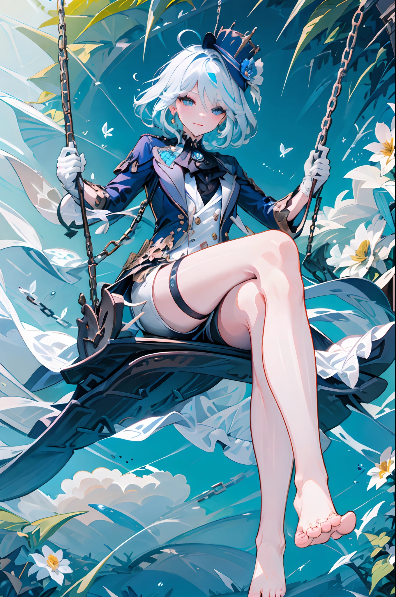 Masterpiece, Best quality, Pisif,Focalors,
Focalors, 1girll, Barefoot, Feet, Crossed legs, A sole, swing, mitts, Toes, thigh band, Solo, Long hair, Sitting, blueflower, Hat, ahoge, flower, Long sleeves, Legs, chain, White gloves, view the viewer, Bare legs, Jacket, full bodyesbian, Very long hair, blue jacket, Butterfly, bugs, Thighs, bangs, jewelry, Earrings, A blue headdress, Shorts, Closed mouth, hatflower, Blue rose, Outdoors, Holding, Foot focus